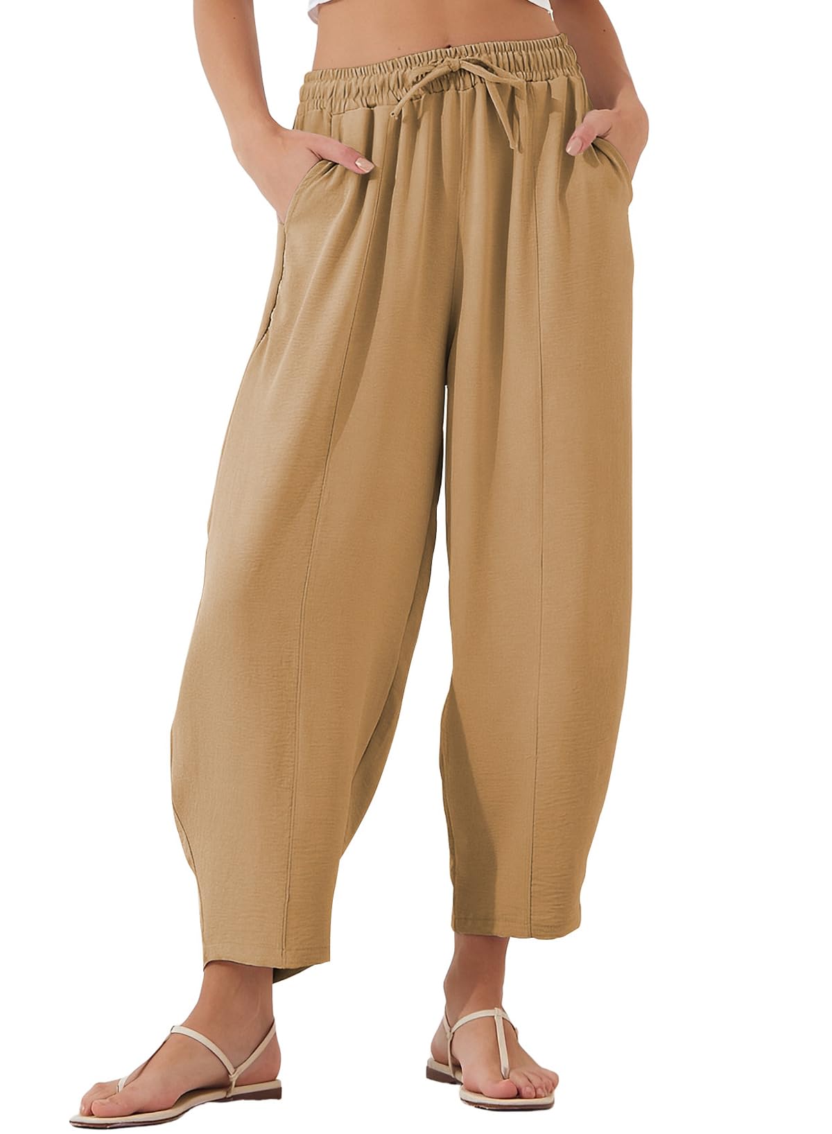 EVALESS Women's Summer High Waisted Baggy Pants Casual Ankle Length Trouser Slacks with Pockets