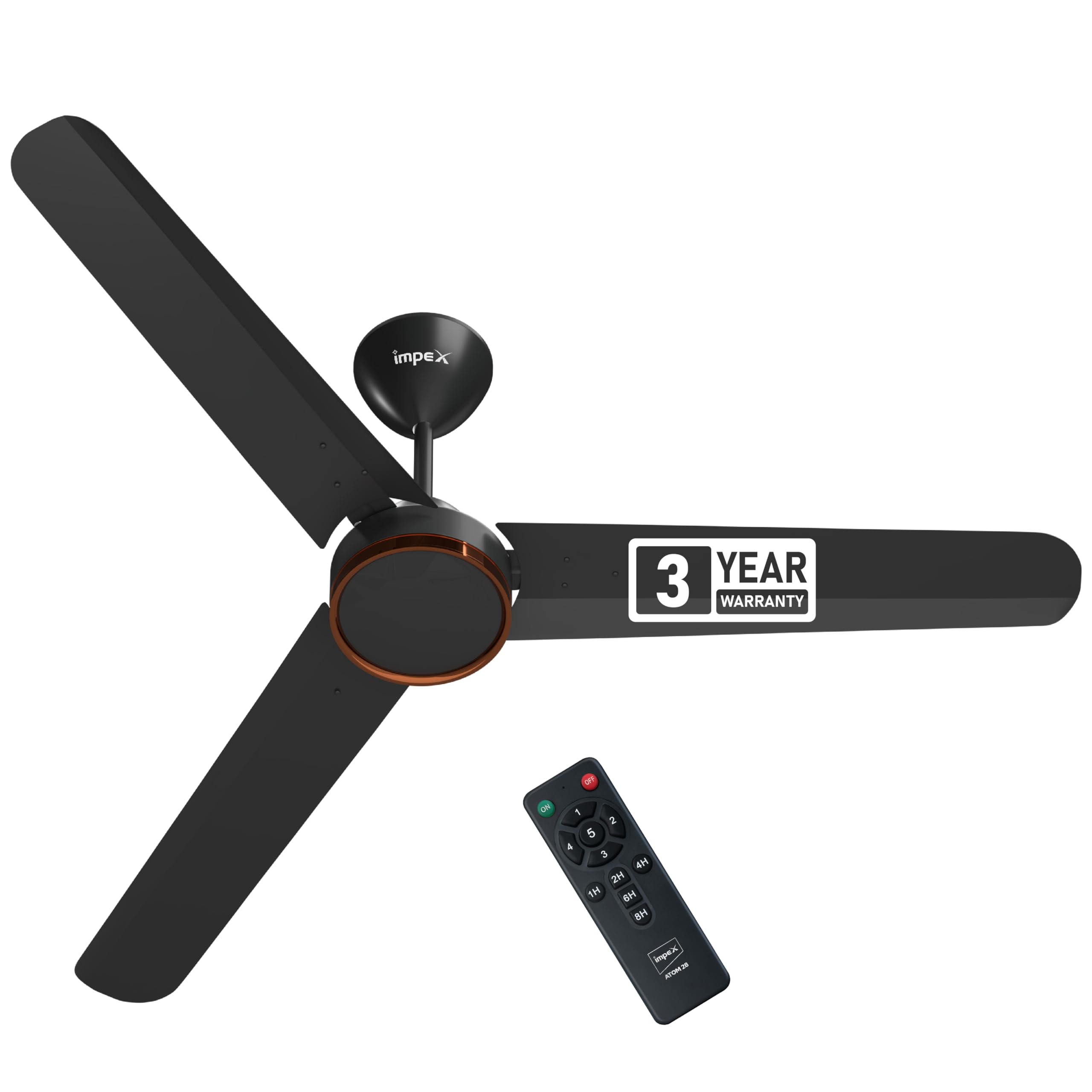 Impex 1200 Mm BLDC Ceiling Fan With Remote Control|5 Star Rated Energy Efficient Ceiling Fan|High Air Delivery With 380 RPM,Aluminium Body|Upto 65% Energy Saving|3 Year Warranty|ATOM 28 DXR,Black