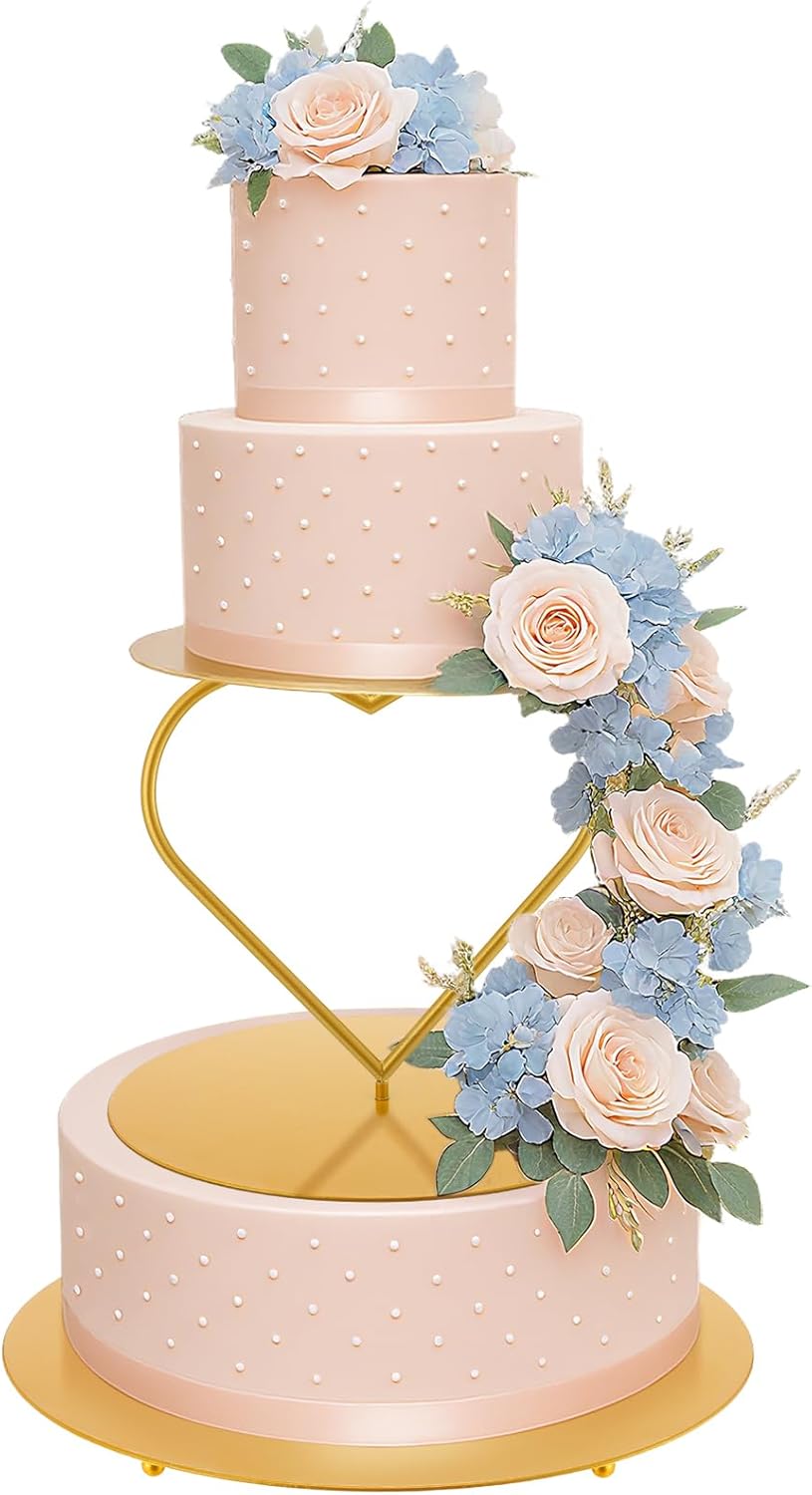 Wenqik 2 Pcs Gold Metal Floating Cake Stand Spacer 12 Inch Tiered Cake Stand with Heart Riser Floating Separator for Wedding Birthday Anniversary Valentines Dessert Tiered Table Centerpiece Display
