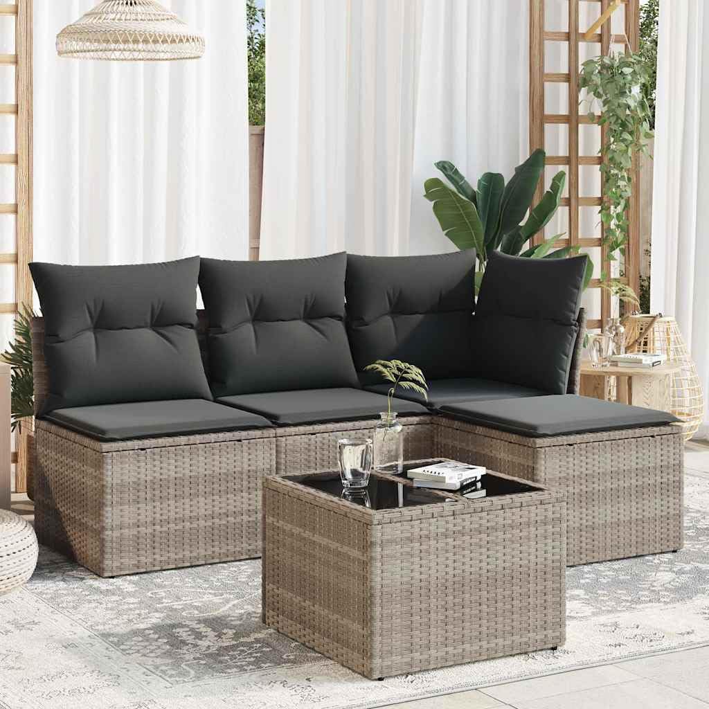 Set di mobili da giardino da 5 pezzi, con salotto, tavolo da pranzo, tavolo, sedie, sgabelli e imbottiture, per terrazza, balcone, veranda, esterno, resistente alle intemperie, impilabili