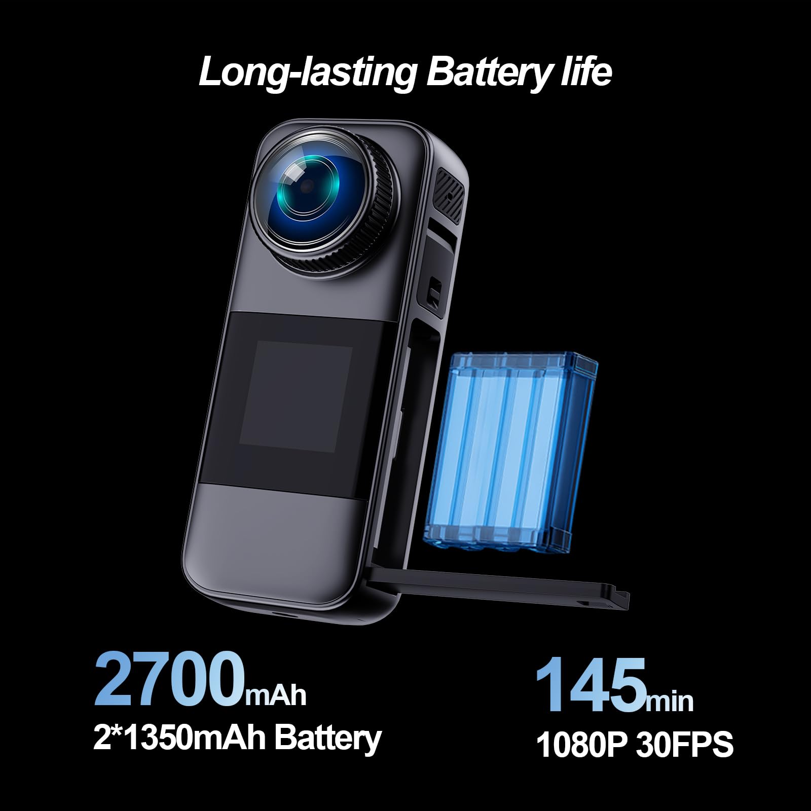 Action Cam Dotato di scheda di memoria 32GB, doppio schermo Telecamera Moto,Action Cam con batteria ricaricabileda 2 x1350 mAh e set di accessori(grigio nero)