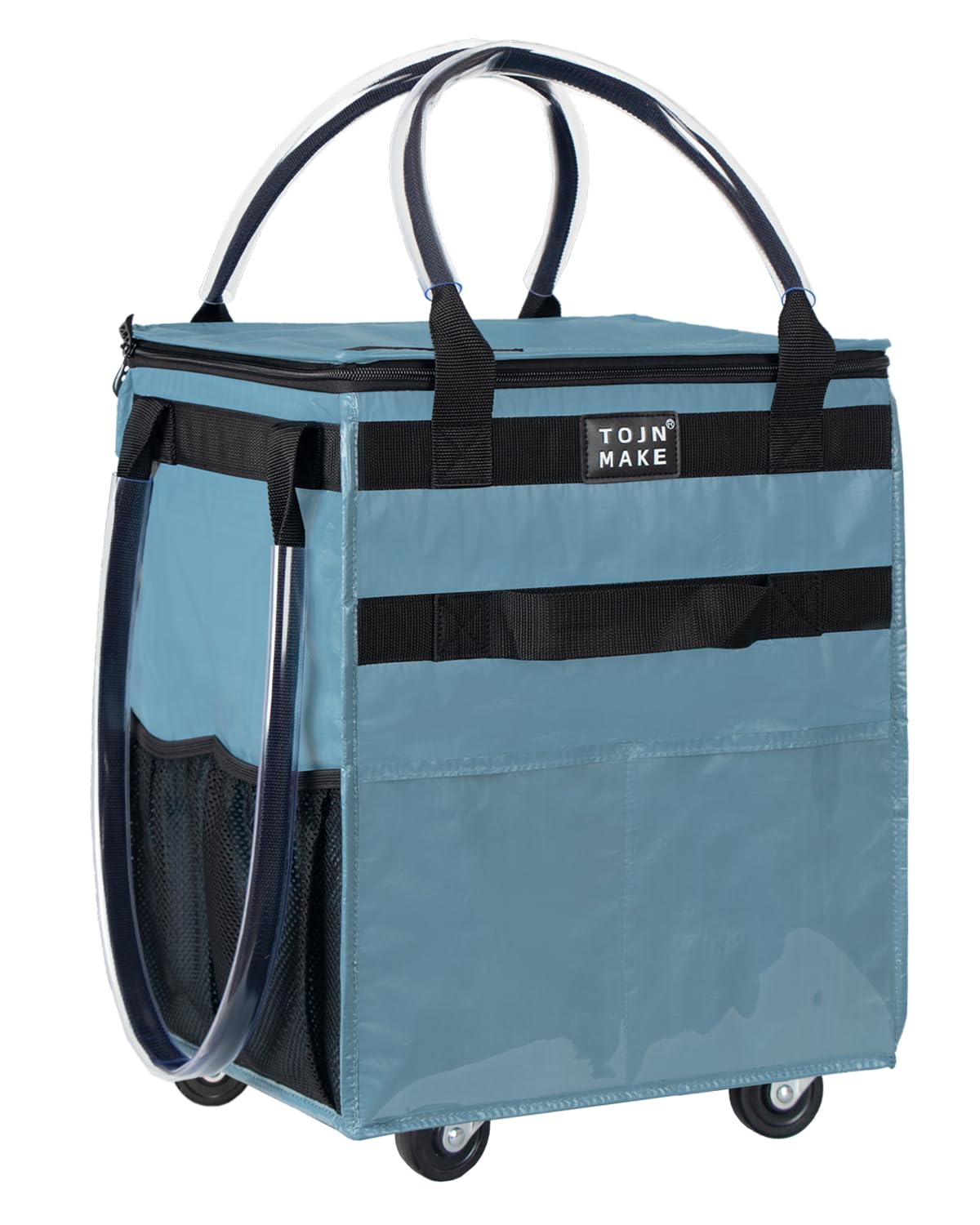 TOJNMAKE Reusable Grocery Bag On Wheels Shopping Trolley with 8 Pockets and Zipper Cover Foldable Rolling Tote, Heavy Duty Handles, Carries Up to 22