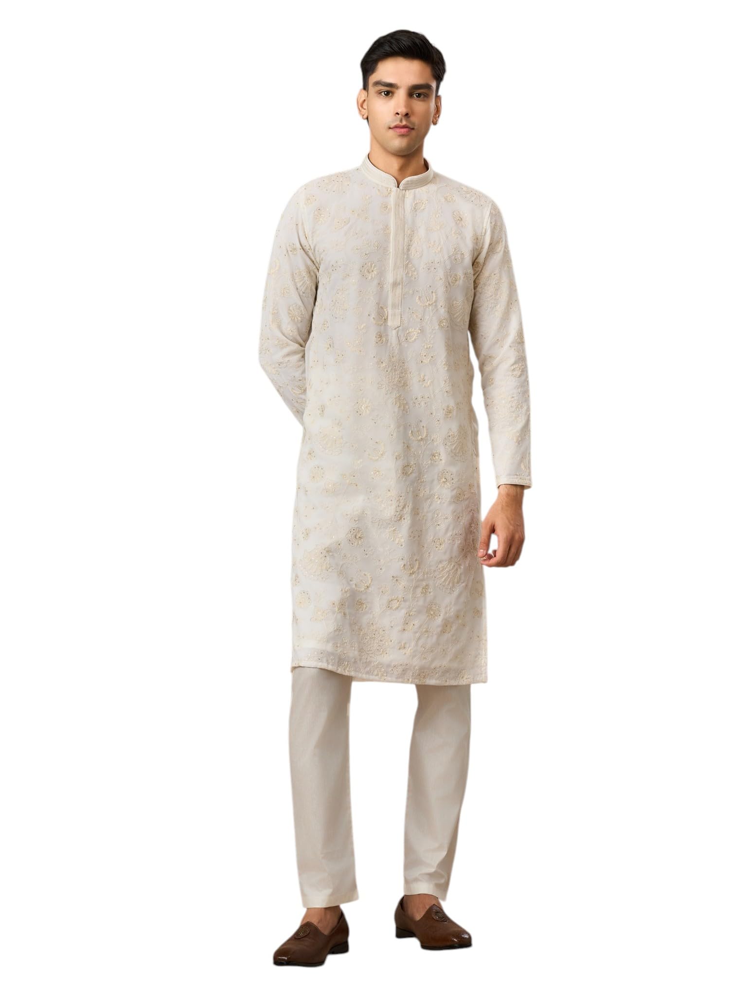 manyavar Men's Georgette Thread Embroidery Kurta Churidar Set (2pcs)-picture-19
