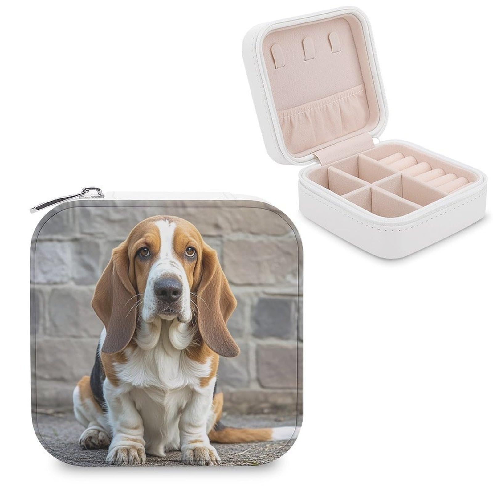 LZQPOEAS Basset Hound Jewelry Box Mini Jewelry Travel Case Trendy Stuff Ring Box Custom PU Leather Jewelry Boxes Portable Jewelry Case Earring Storage Organizer for Girls Women