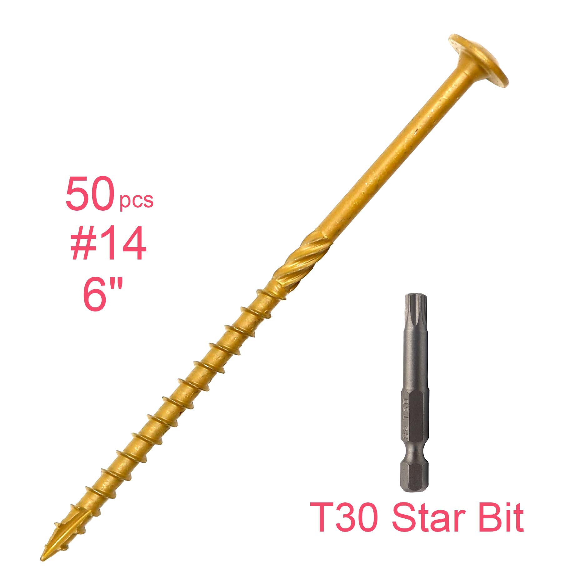 Lot de 50 vis tire-fond T30 #14 x 6 pour bois, bûche, aménagement paysager avec embout Torx de 6,35 mm