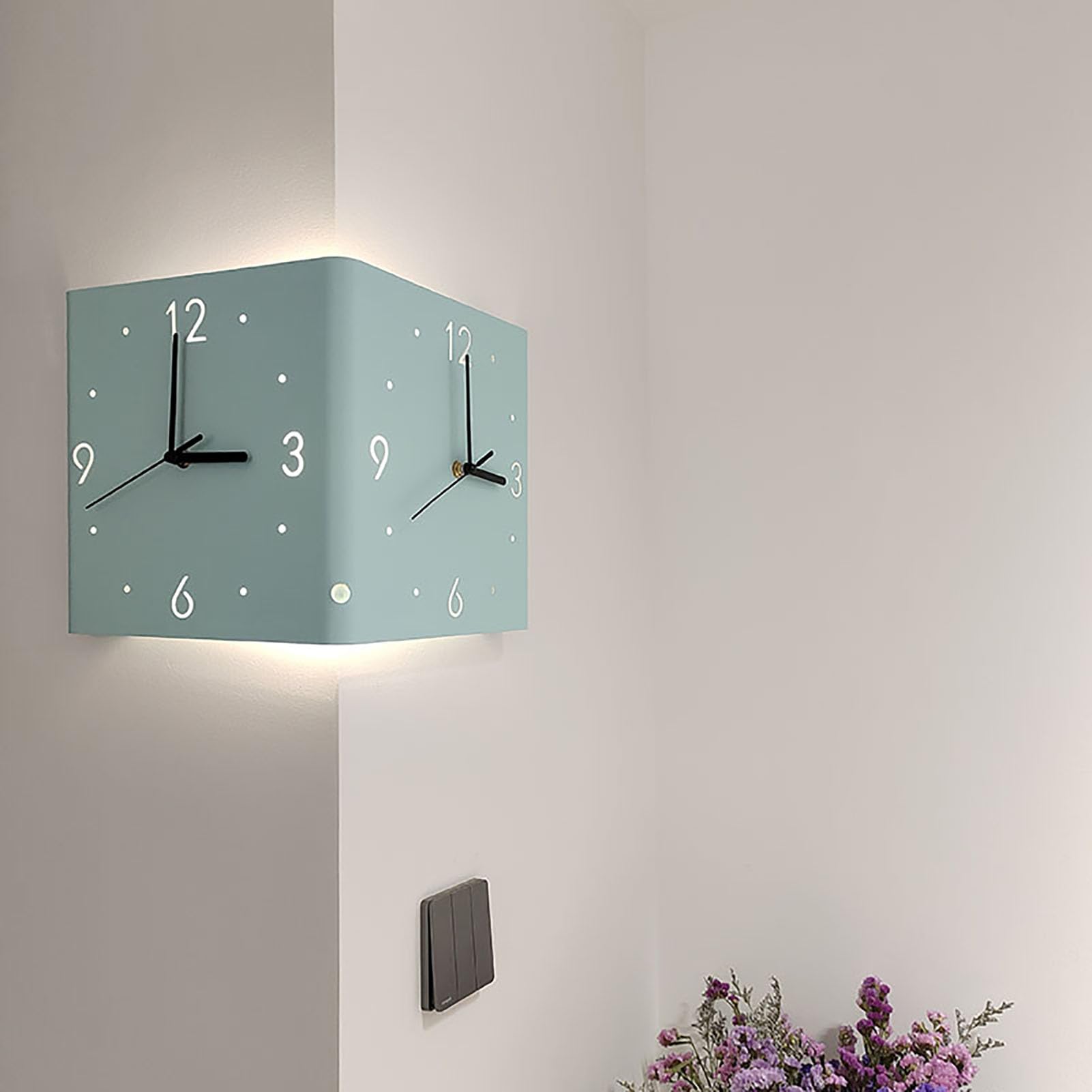 Horloge murale double face d'angle en métal 3D vert lumineux pour grand salon