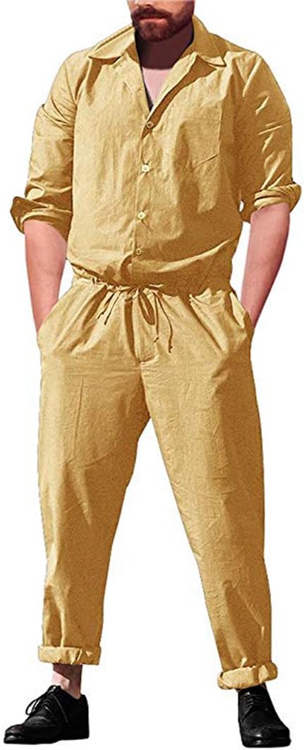 lisenraIn Men's Long Sleeve Rompers One Piece Jumpsuit Plain Coverall with Pockets