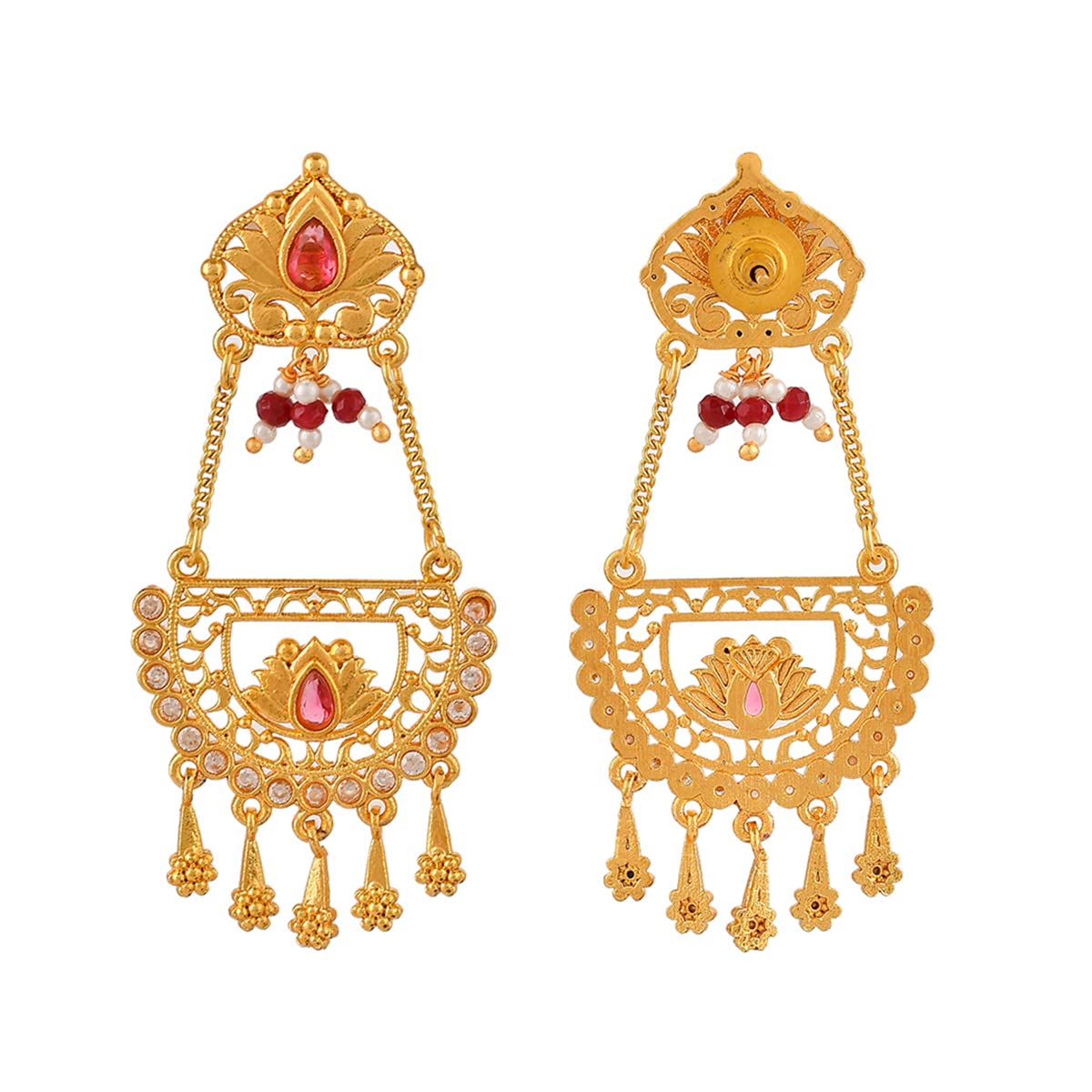Abharan Red Stones & Pearls Ethnic Drop Earrings
