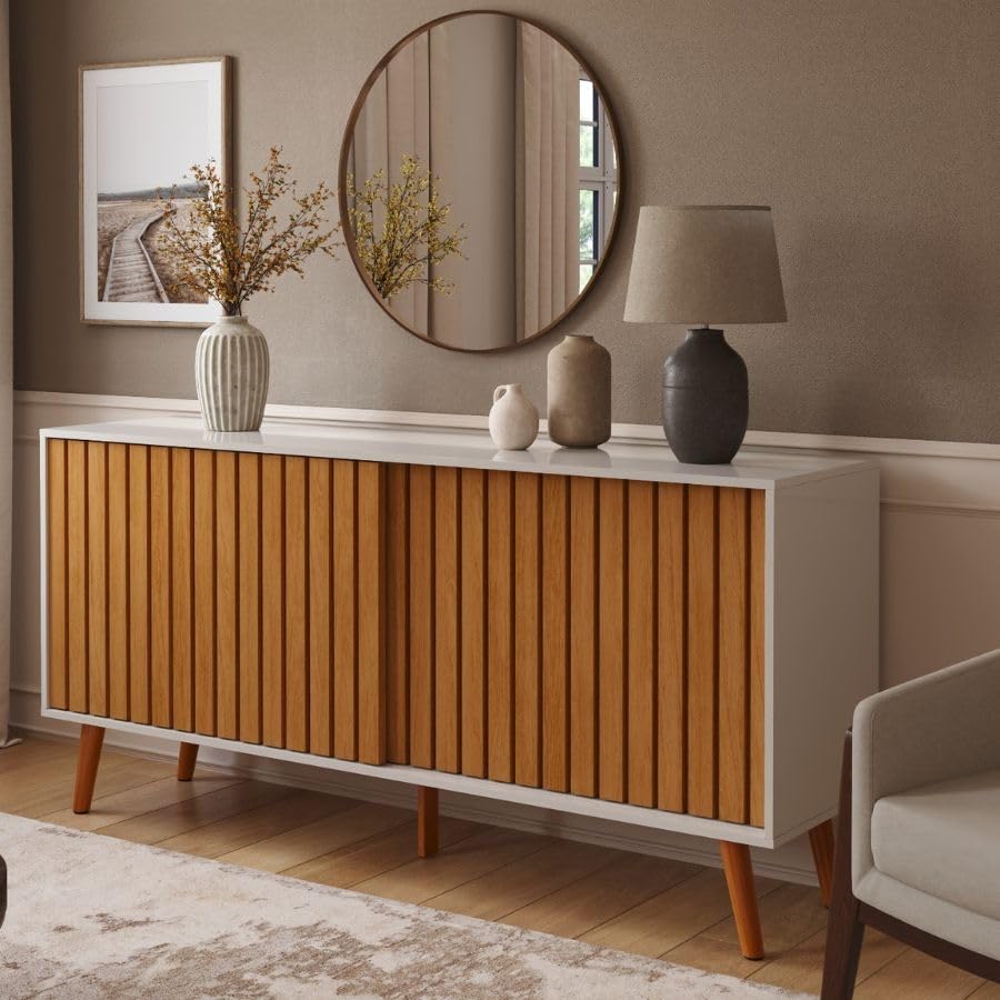 Buffet Aparador Nature e Off White Modelo Duna Portas de Correr Ripadas