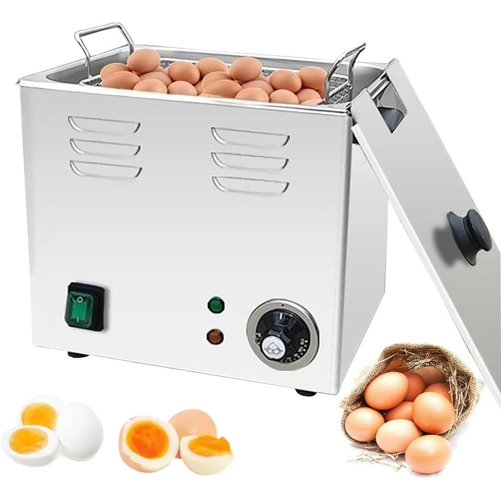 Eoweiot Commercial Egg Boiler, 2600W Stainless Steel Egg Cooker with Mesh Basket, Automatic Steamer for 60 Eggs, 75°C Constant Temperature