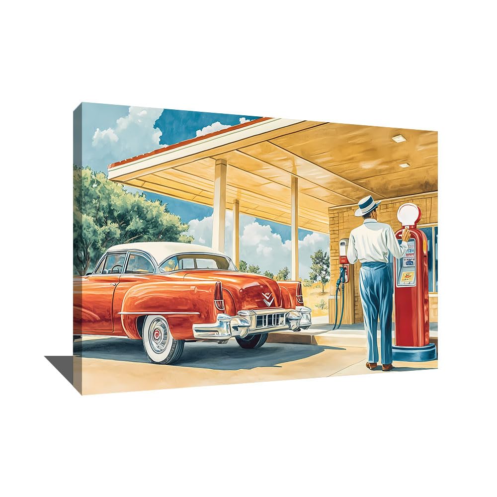 Alessio Cacciatore Quadro vintage per auto, stampa su tela retrò, decorazione vintage anno 50, decorazione per garage, arte da parete, auto, tela da strada 66 (40 x 30 cm)