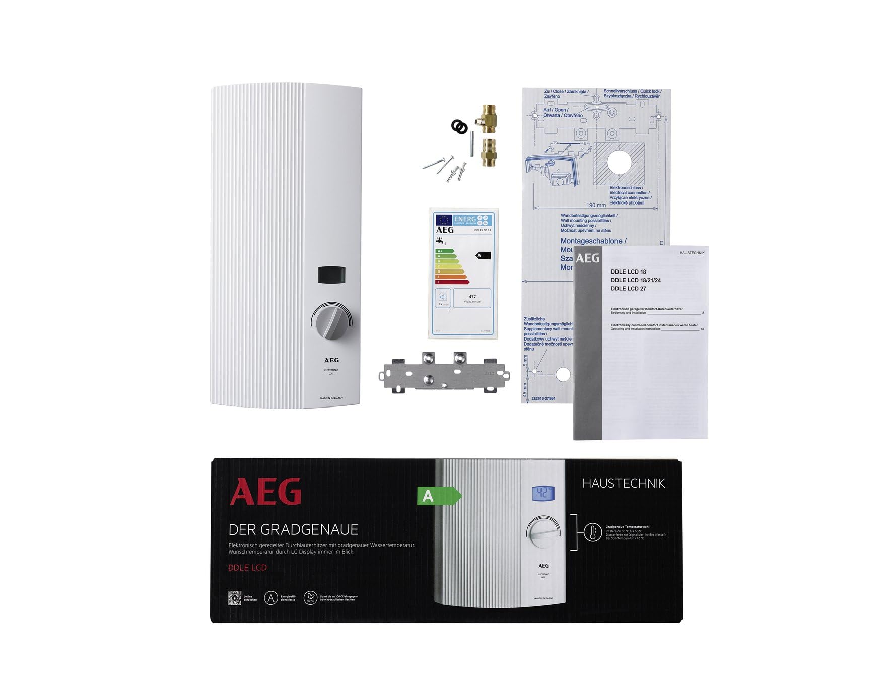 AEG elektronischer Durchlauferhitzer DDLE LCD 18/21/24 kW umschaltbar, gradgenaue Temperaturwahl, LC-Display, Festanschluss 400V, VDE geprüft, 222394