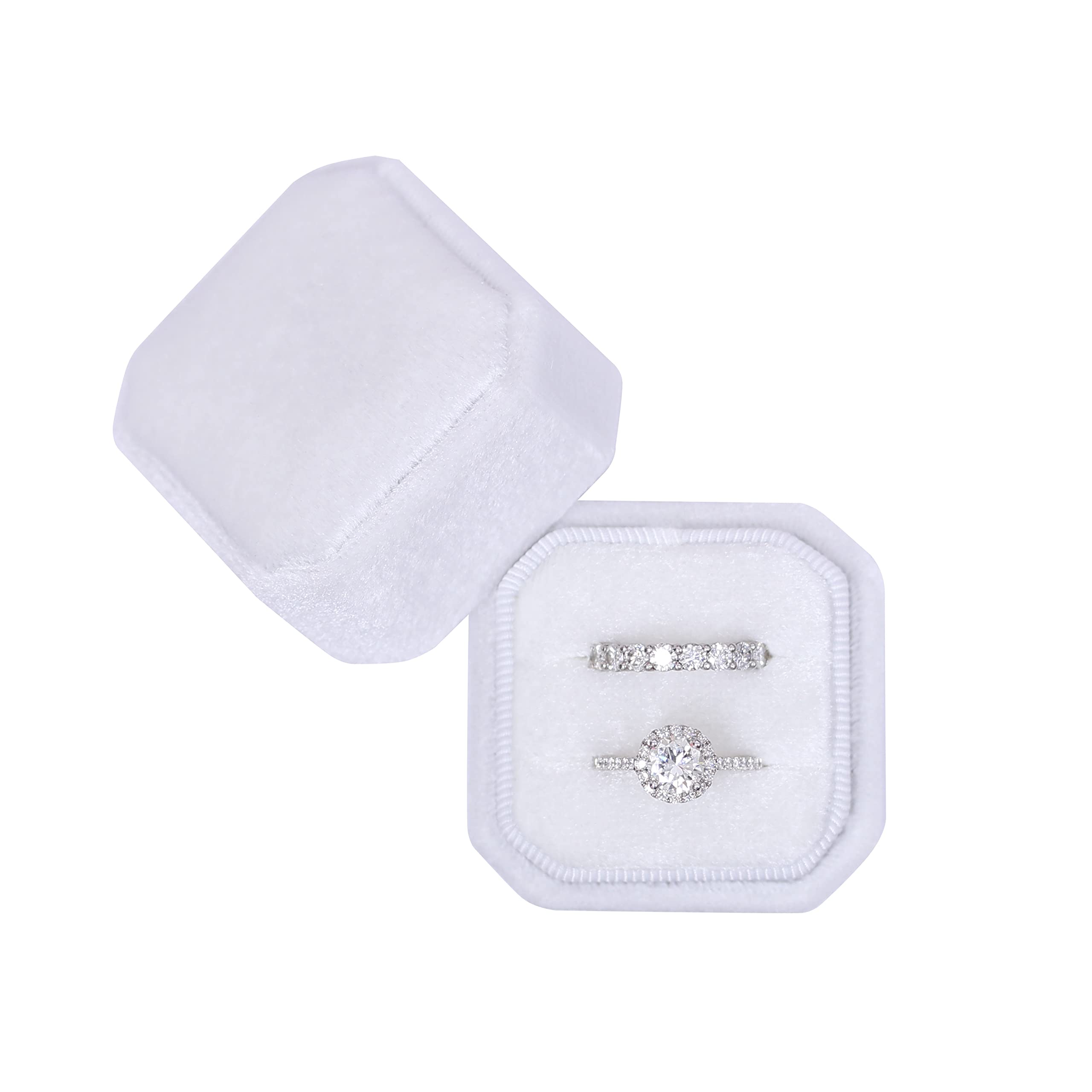 BLUTETE Square Octagon Ring Box 2 Slots Wedding Engagement Ring Set Keepsake Box Bridal Photo Gift Box (White)