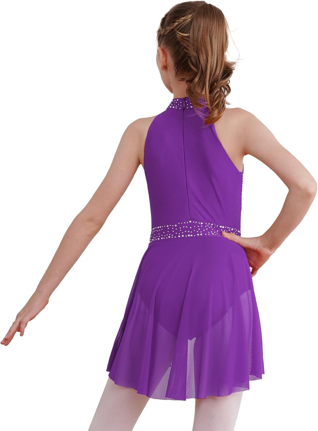 Lyrical Dance Dress for Girls Shiny Rhinestone Sleeveless Figure Skating Dress Ballet Contemporary Dancewear