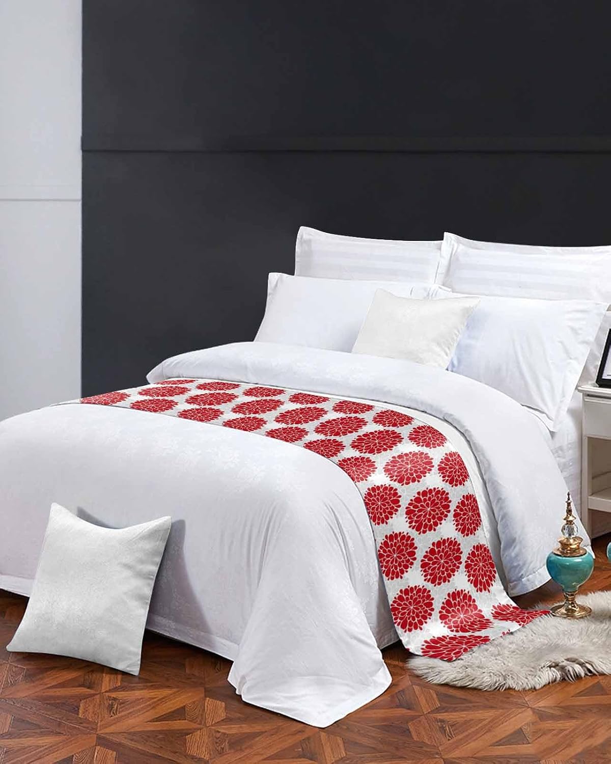 Red Dahlia Bed Runner Scarf Full Queen Size, Vintage Country Grey Abstract Flowers Floral Luxury Bed Throw Runners & Scarves for Twin Full Queen King Foot of Bed, Bedroom Hotel Decoration, 83"x20"