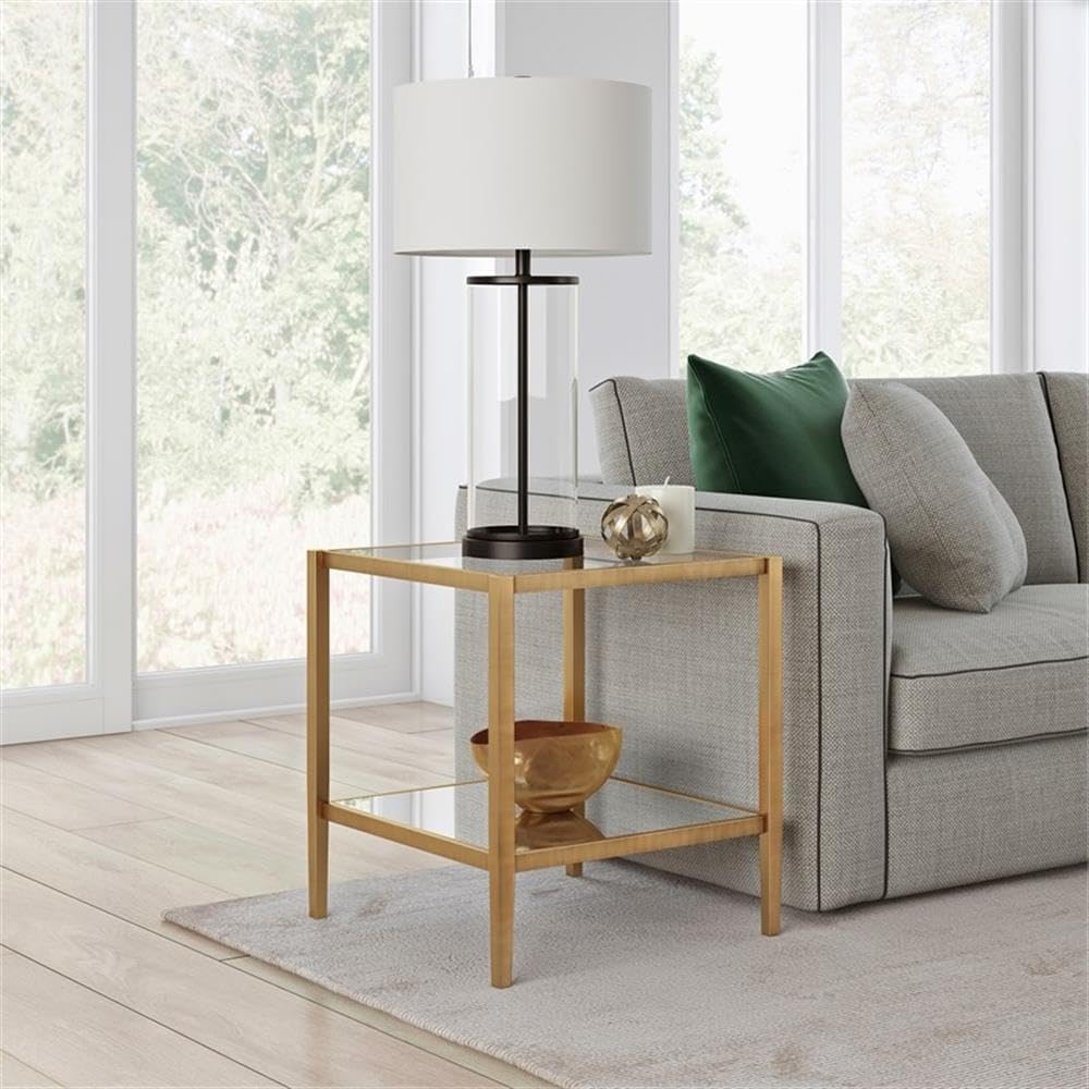Pemberly Row Modern Metal Glam Side Table, 22 in x 20 in x 20 in, Tempered Glass Top, Mirrored Glass Shelf, Antique Brass Finish, Stylish Living Room or Den Furniture Piece