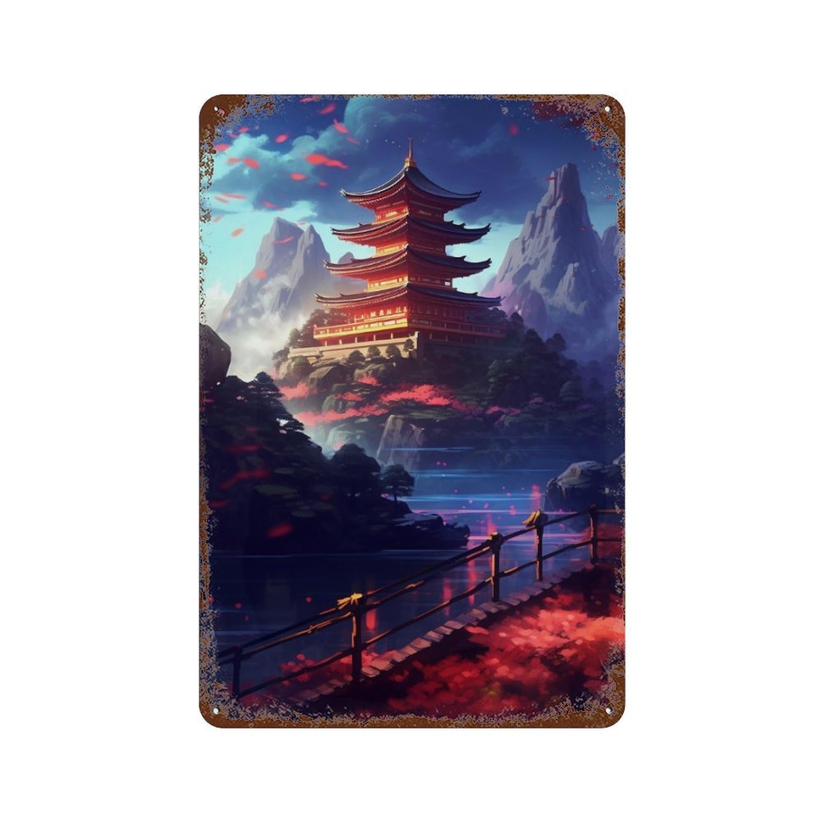 Japanese Pagoda Reflections Retro Metal Sign 11.8"x7.9", Shabby Chic Decor for Bistro, Counter And Cafe Decor