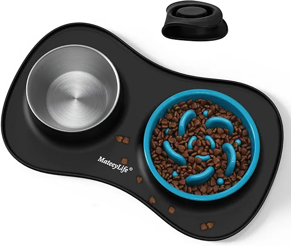 MateeyLife Dog Food and Water Bowl Set 3 in 1, Dog Bowls Slow Feeder & Stainless Steel Water Bowl with Non-Spill Silicone Mat, Cat and Puppy Bowls Pet Dishes for Small Medium Large Breed Anti-Choking
