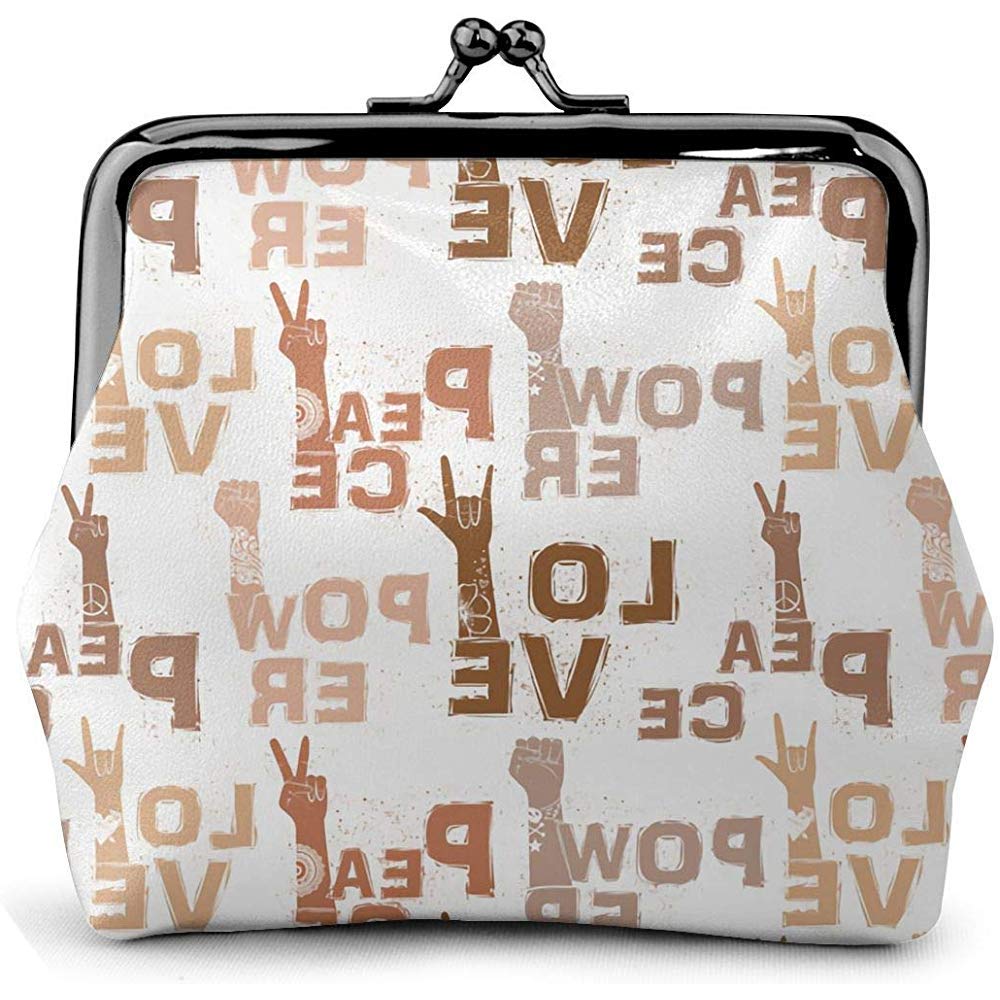 Peace Sign Love Victory Sign Rock Vintage Pouch Girl Kiss-Lock Change Purse Wallets Buckle Leather Coin Purses