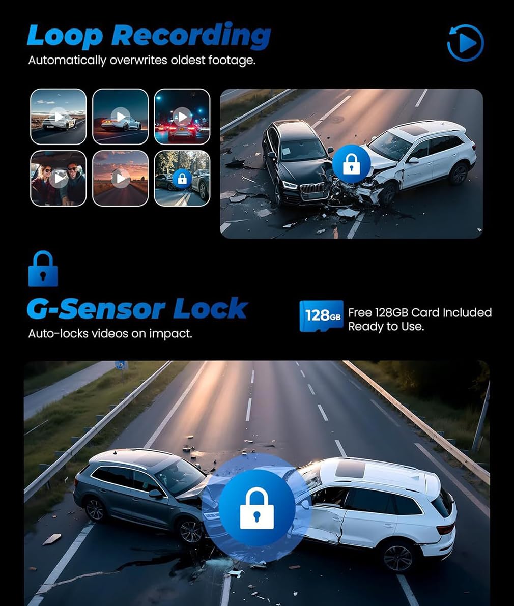 Dash Cam a 4 canali per auto, telecamere anteriori interne laterali e posteriori, visione notturna 4 telecamere HD 1080p, modalità parcheggio radar, app WiFi protezione panoramica WDR a 360 gradi