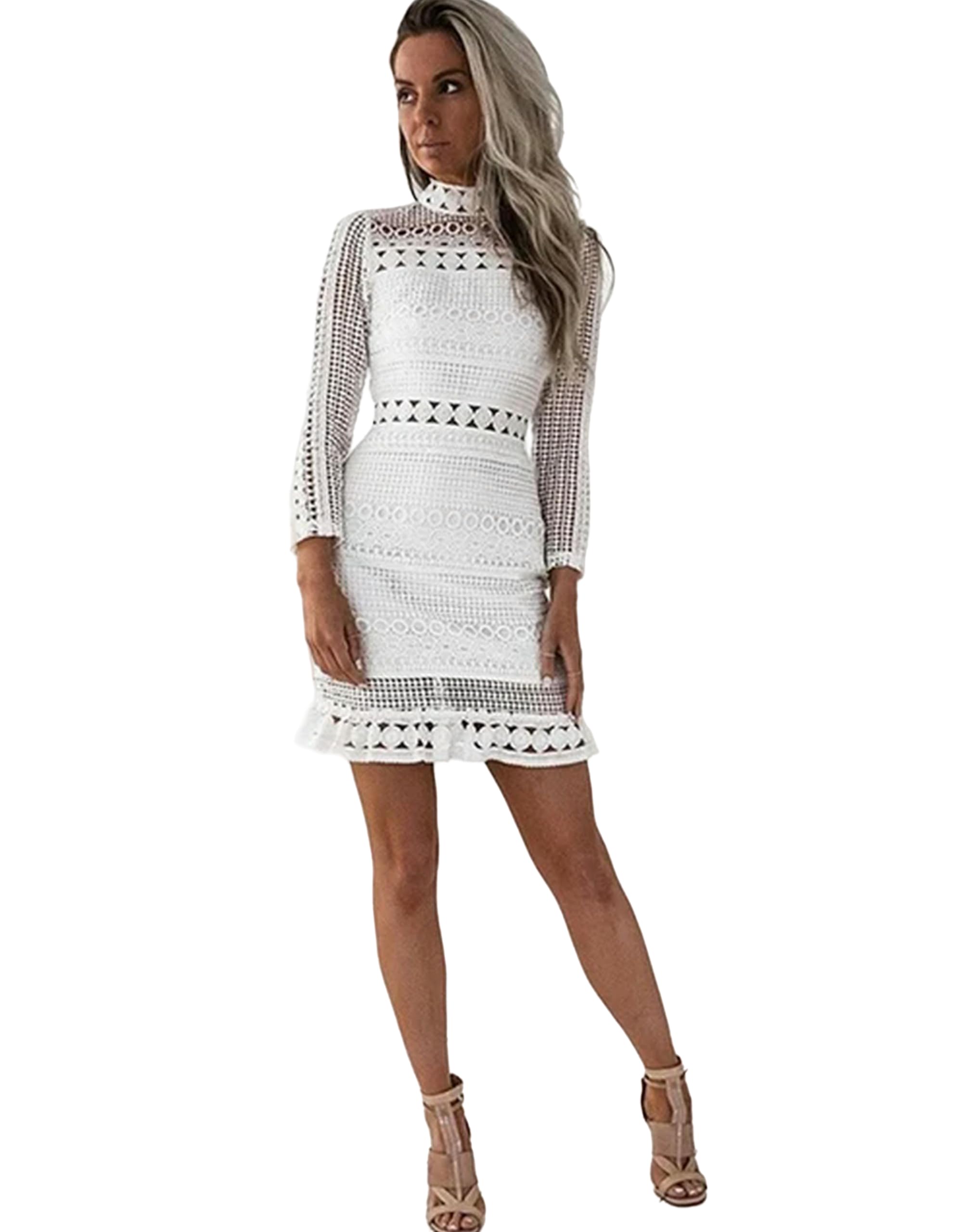 Juketron Vestidos de Fiesta calados con Costuras de Encaje Blanco para Mujer, minivestidos Informales Cortos Elegantes, Ropa Informal de Verano para Mujer 2024