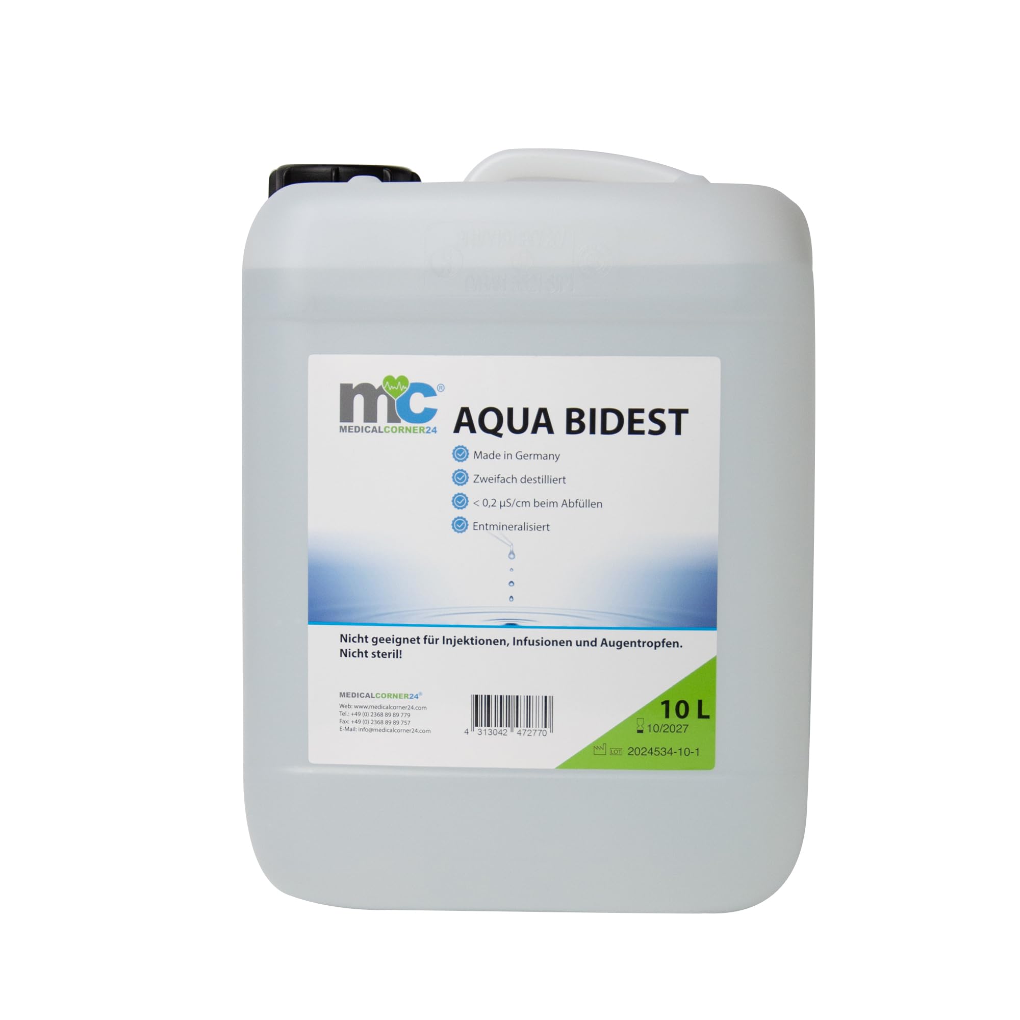 Aqua Bidest - 2 botes de 10 litros, agua pura de laboratorio, 20 L, agua bidestilada, agua destilada 2 veces