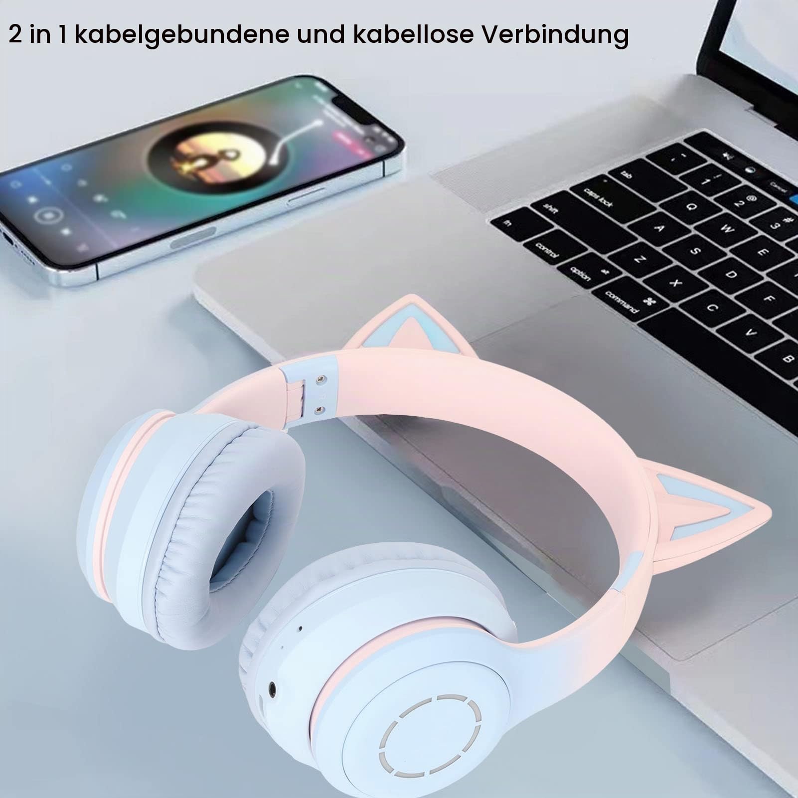 Annadue Gaming Kopfhörer mit Mikrofon, Bluetooth Katzenohr Kopfhörer Kabelloser Kopfhörer mit 3,5mm Aux Kabel, 7 Farben LED Lichter und 4 LED Lichtmodi (Blau)