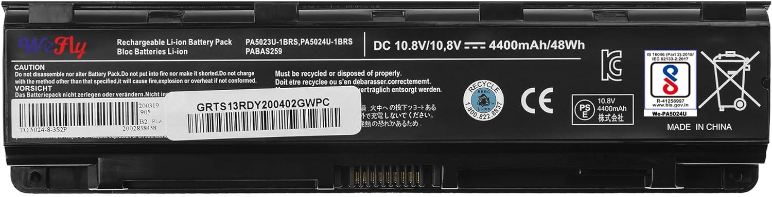 Wefly PA5024U-1BRS Laptop Battery Compatible for Toshiba PA5024U-1BRS PABAS260 Satellite C850 C850D C855 C870 L850 L855 L870 P850 PABAS262 PA5109U-1BRS PA5026U-1BRS - 6 Cells Laptop Battery