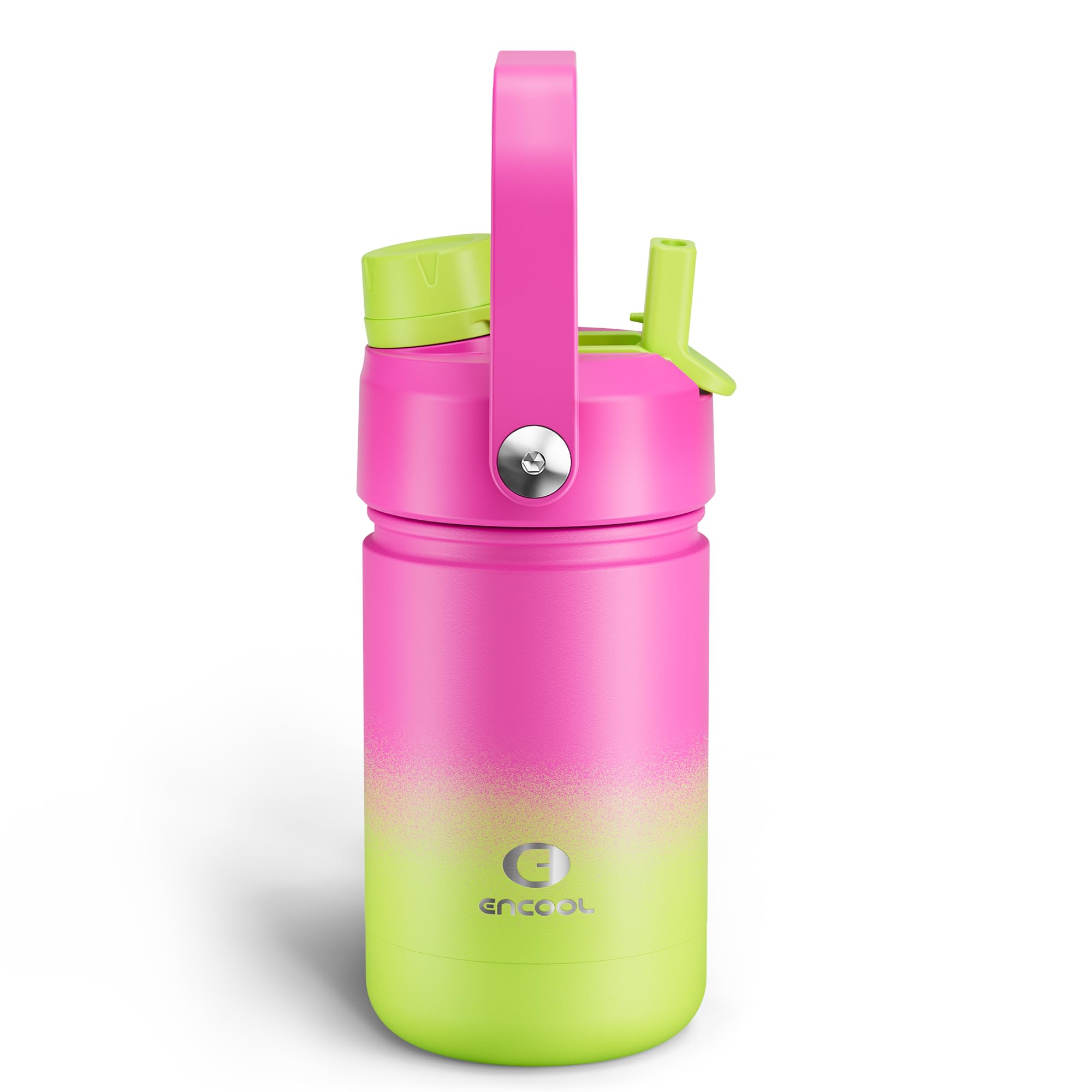 Kids Insulated Water Bottle with Straw - 12oz Stainless Steel Water Bottle with Dual Spouts, Leak-Proof, BPA-Free, Double Wall Vacuum Keeps Cold for 24 Hours for Sports, Travel, School (Lime Sorbet)