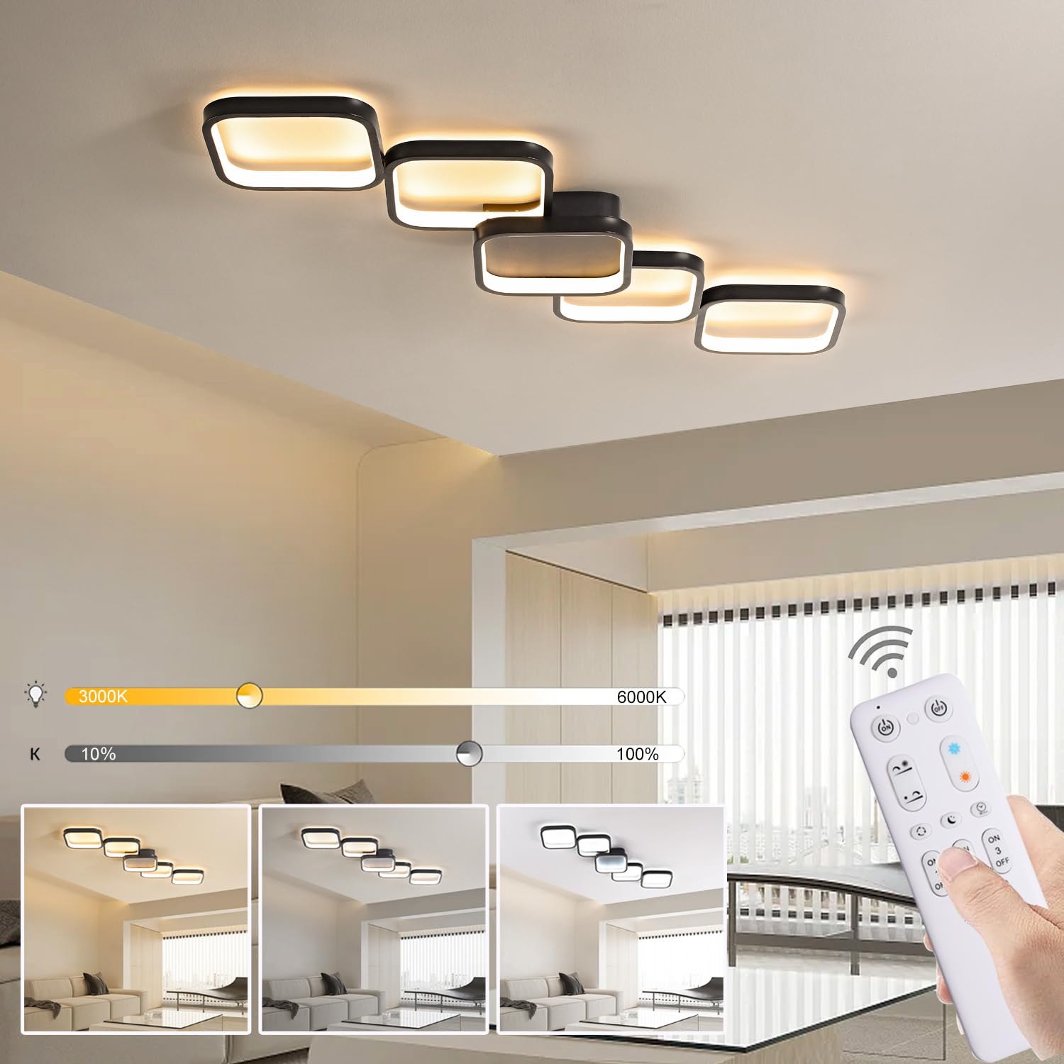 Lámpara de Techo LED Regulable con Control Remoto Lampara Techo Salón Lámpara de Dormitorio Negra 45W Iluminación de Techo Rectangular de 92 cm, Luz De Techo De Con Luz Nocturna Y Función De Memoria