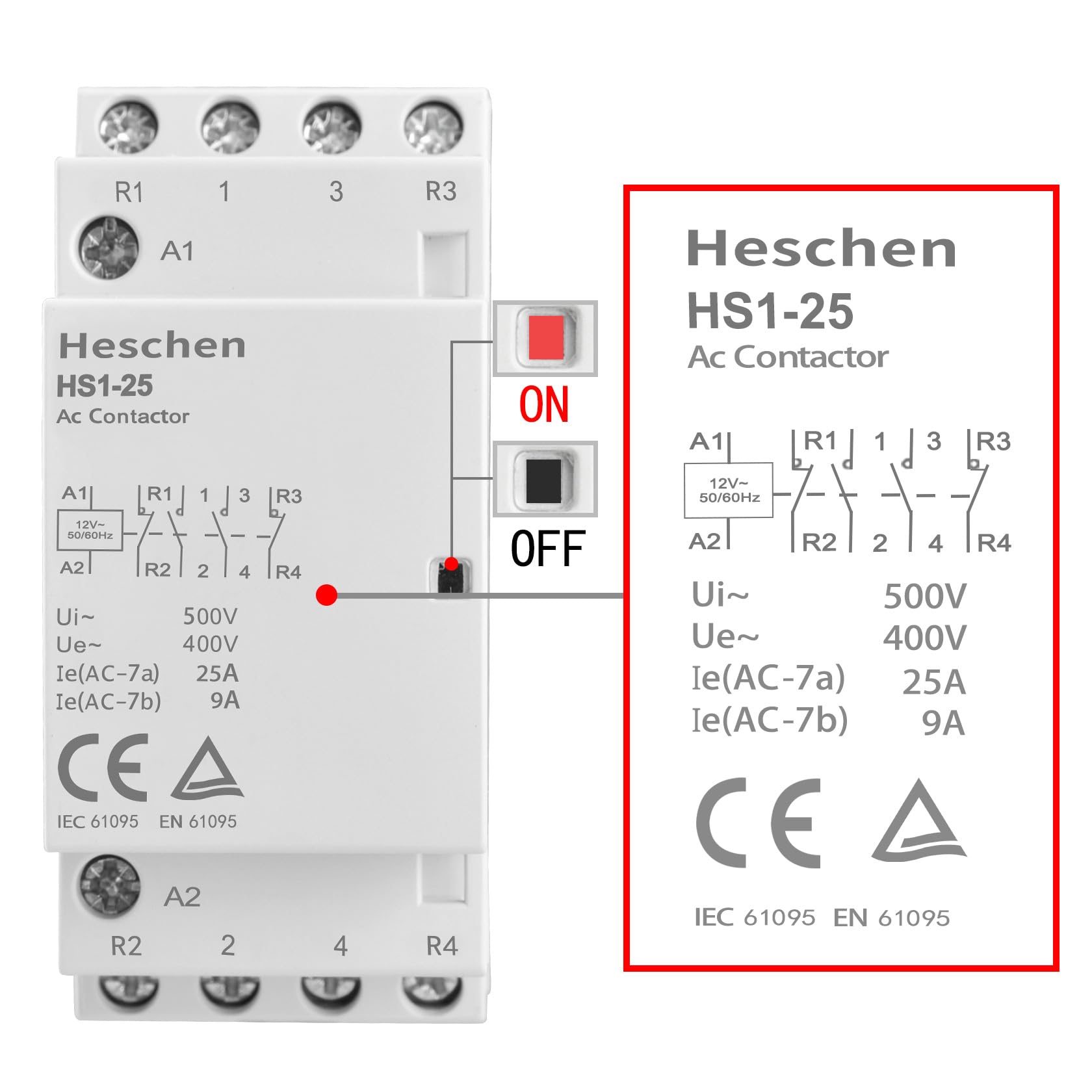 Heschen Contacteur ca domestique, HS1-25, Ie 25A, 4 pôles, 2NO 2NC, AC12V Tension de la bobine, 35mm Montage sur rail DIN