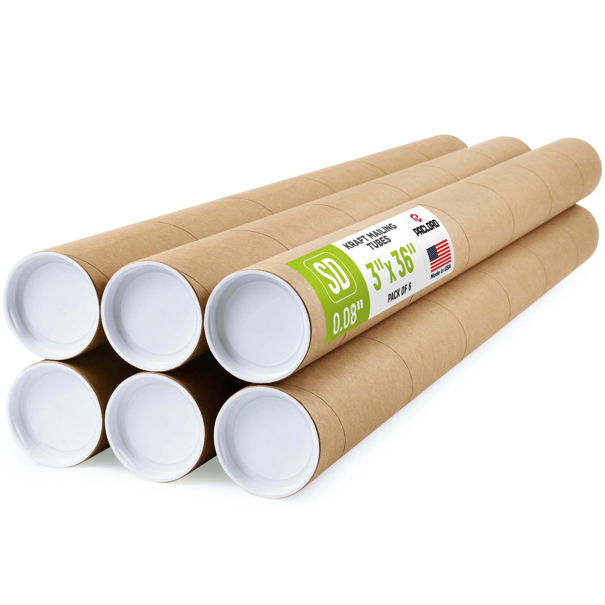 Tubi postali in carta kraft rinforzata, 7,6 x 91,4 cm, confezione da 6 tubi con 2 tappi ciascuno, tubo per poster approvato USPS, tubo di cartone realizzato negli Stati Uniti per spedizione e