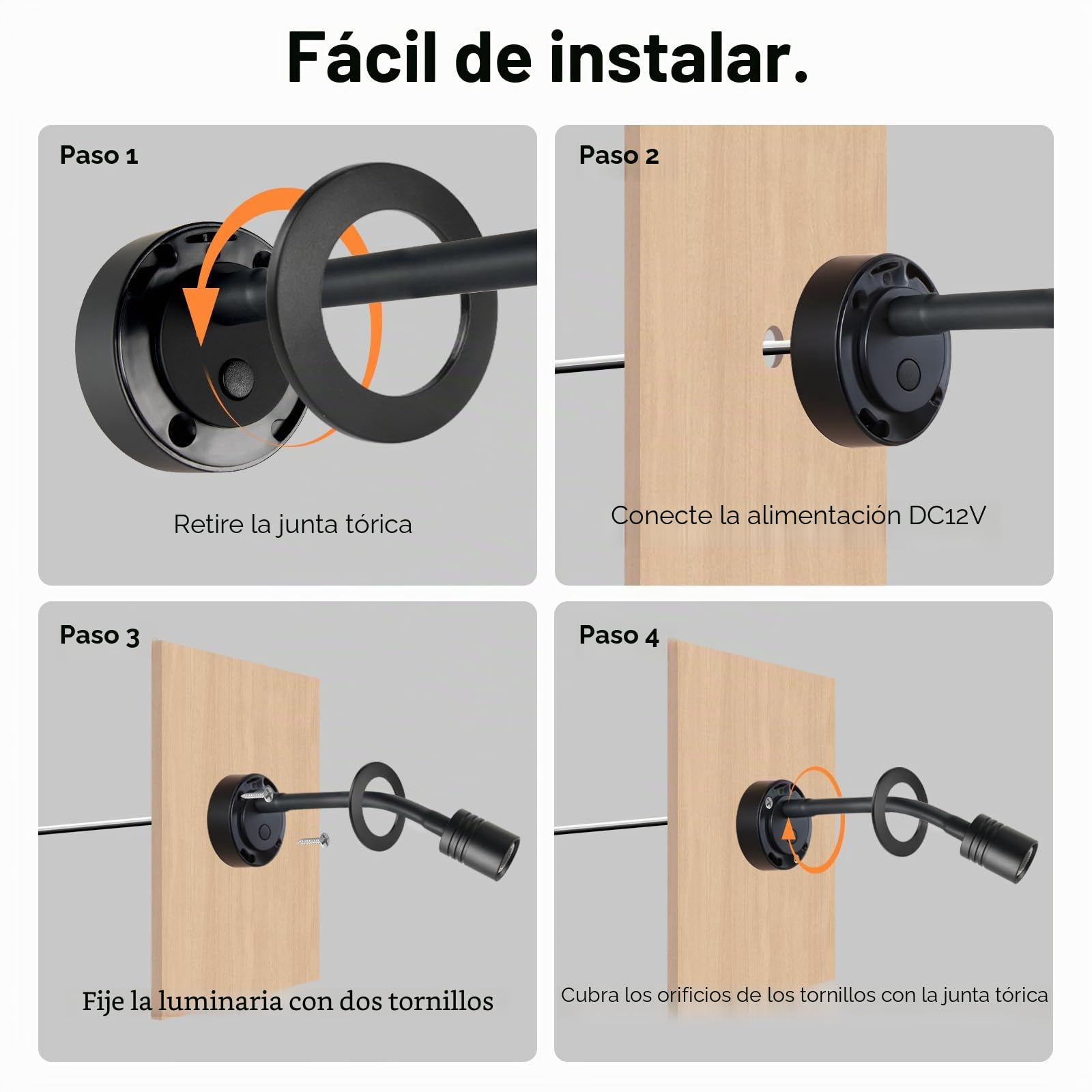 2 x Lámpara de lectura LED 12V Camper Junto a la Cama Negro Pared Regulable Flexible Cuello de Cisne DC 24V para Autocaravana Furgoneta Barco Cabina, Equipado USB & Pulsador Regulador