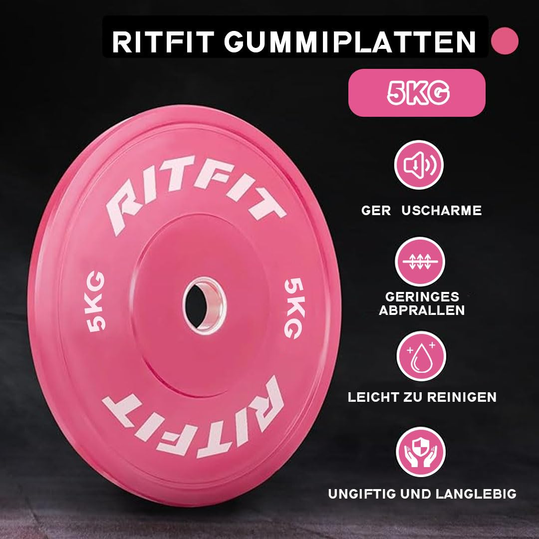 RitFit Hantelscheiben, Olympische Bumper Plates 5-20kg | Ø50mm Bohrung, Vollgummi, für Krafttraining, Hantel Gewichte für Langhantel