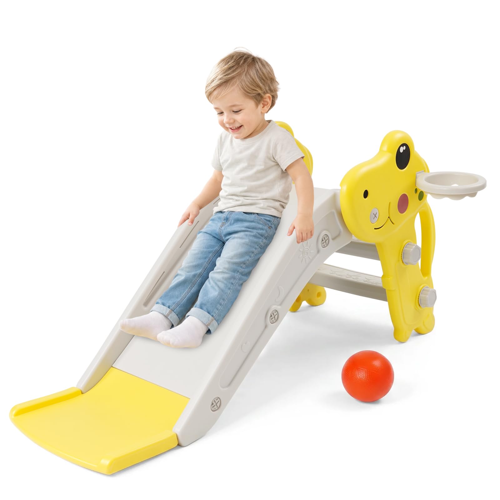 Toddler Slide Indoor, Baby Slide with Basketball Hoop and Ball, FreeStanding Toddler First Slide Playset (Dinosaur) (Yellow)