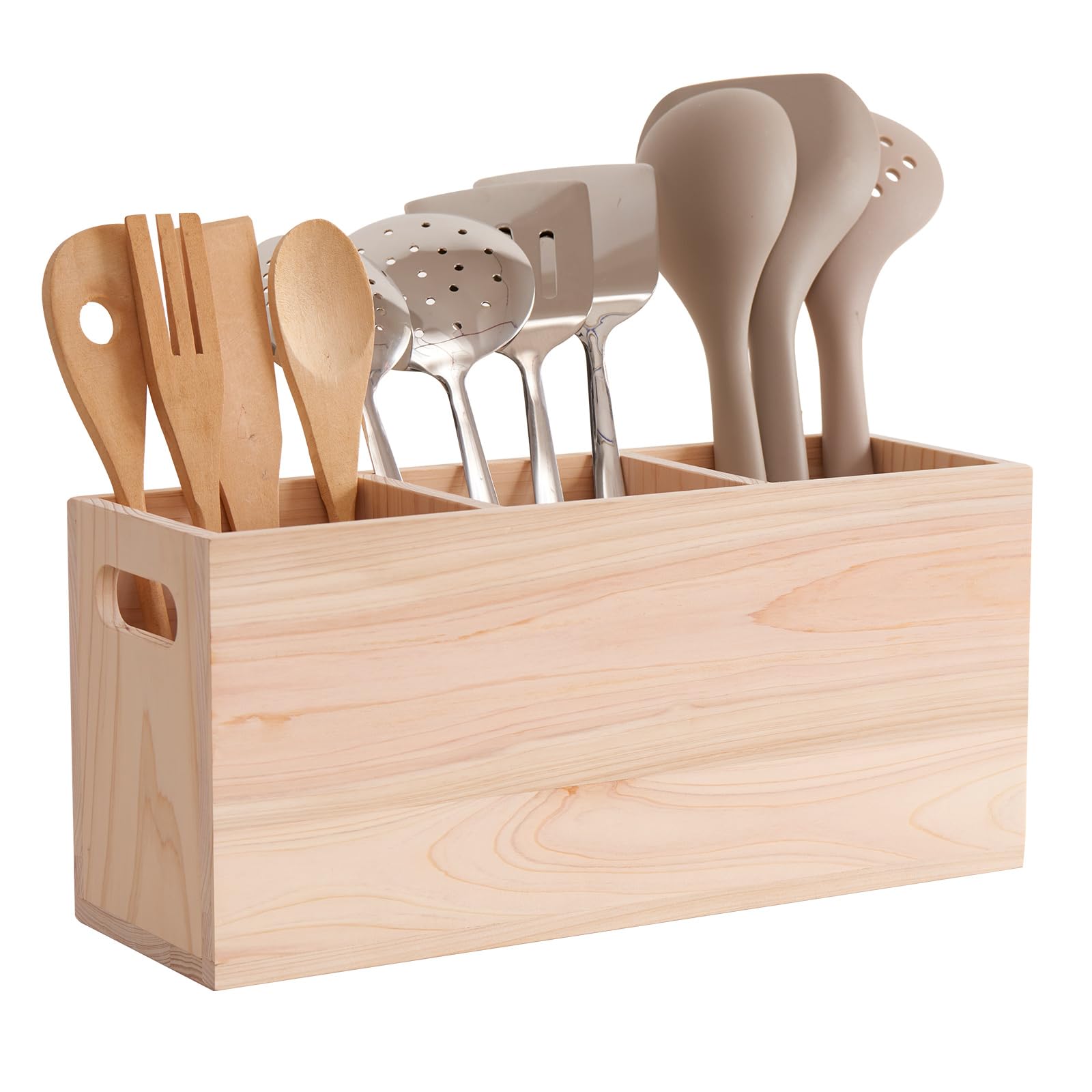 OAKERLAND Extra Large Utensil Holder with Handle, Hinoki Cypress Wood Utensil Organizer Holder, 3 Sections Kitchen Countertop Utensil Caddy Crock Counter Organizer and Cooking Tools Storage