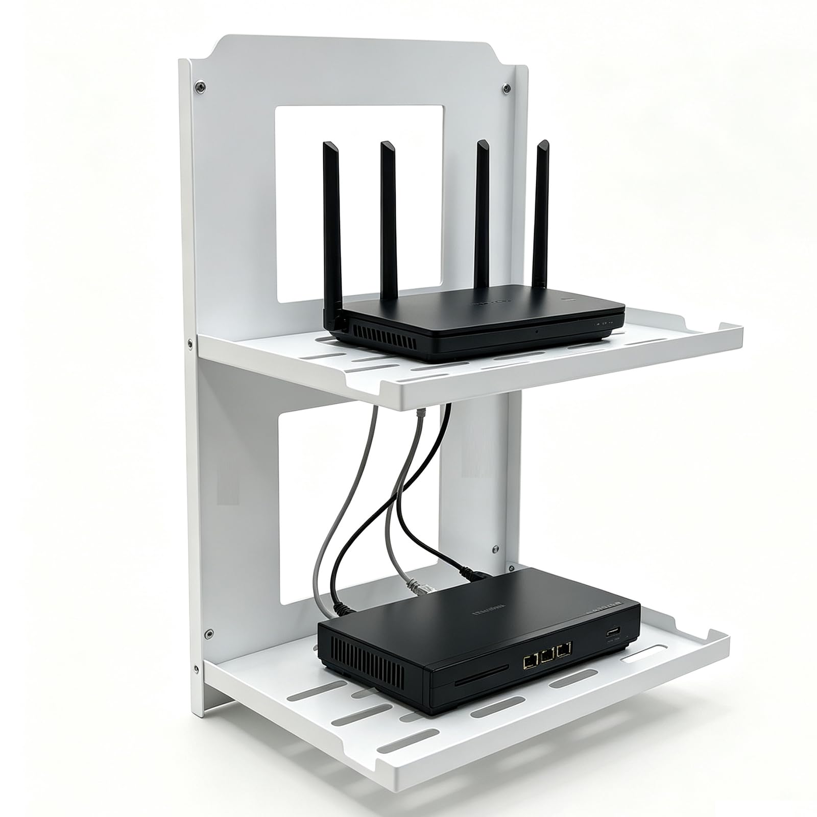 Stackable Fold-up Wall-Mount Metal Shelf With Cable-Management Cutouts. Holds Router, Modem, Projector and Smart-Home Gadgets 2-Tier Foldable Wall-Mount Router Shelf, 10" W White Metal Shelf