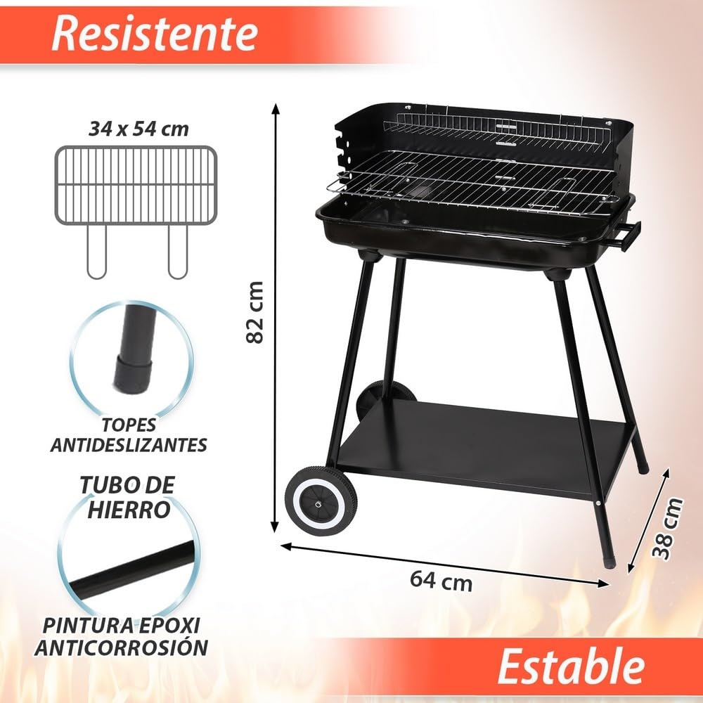 LOLAhome Barbacoa de carbón negra | De 64x38x82cm | Regulable 4 alturas, Doble parrilla Cocinar y Calentar, fácil montaje, fácil guardado | Para 10 comensales | Barbacoa jardín