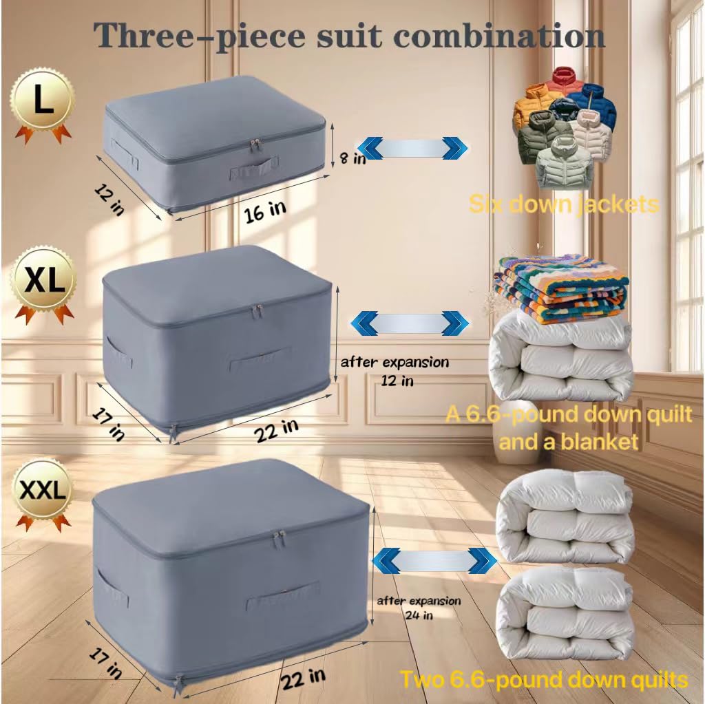 2025 Upgraded Ultra Space Saving Self Compression Organizer 3-Pack (XXL/XL/L) - Heavy Duty Double Layer Space Saver for Down Jackets, Duvets & Blankets, Waterproof Organizer for Travel/Dorm/Moving