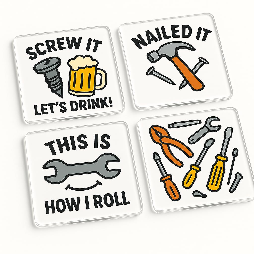 The Plum Penguin Crafty Cheers Acrylic Coaster Set Of 4 With Cartoon Diy Designs - Man Cave Drinkware For Home Bar Enthusiasts