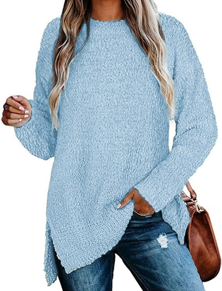 Qearal Women's Long Sleeve Fuzzy Knitted Sweater Popcorn Side Split Loose Pullover Tops