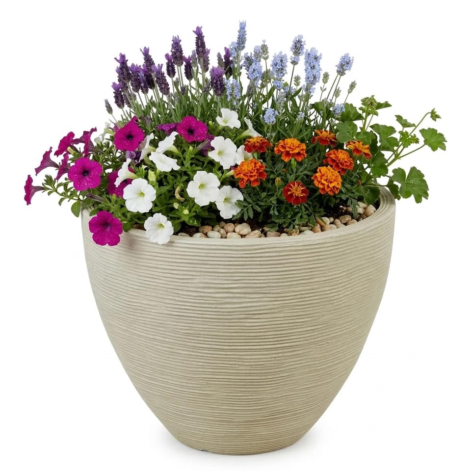 URBNLIVING Large Round Stone Effect Plant Pot – Modern Outdoor & Indoor Planter, Durable Wide-Opening Garden Décor (Ribbed)