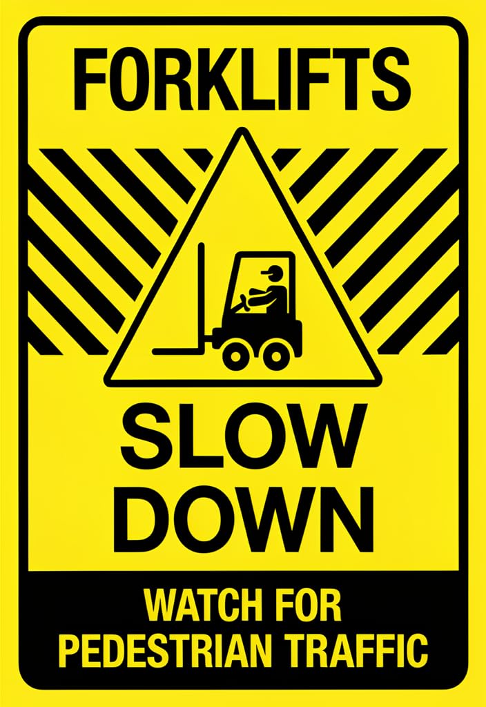 peiyeety Forklifts Slow Down Warning Tin Sign 12x8 Inch, Yellow/Black Caution Metal Plaque, Watch for Pedestrian Traffic Safety Sign for Warehouse, Shop, Garage, Industrial Wall Decor Gift