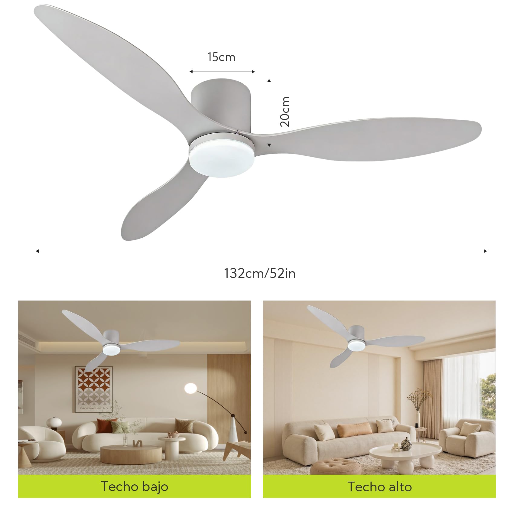 Ventilador de Techo Grande con Luz y Mando 132cm (52"), Motor DC Silencioso, 3 Aspas Plástico, LED Regulable, Ventilador Moderno Bajo Consumo para Salones, Blanco