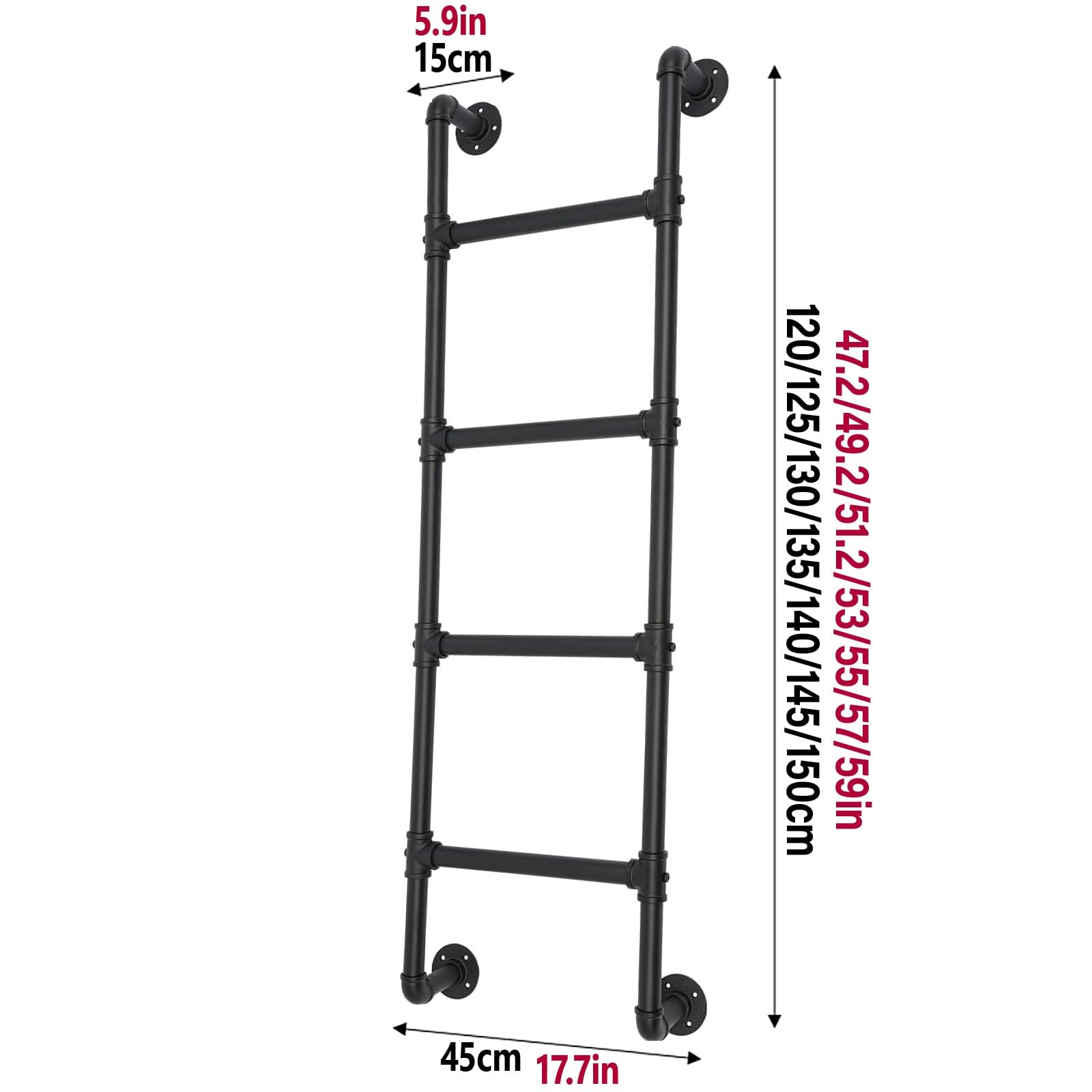 Escalera de Emergencia Industrial Negra, Escalera de ático para literas, Escalera de Pared de 4 peldaños, Escalera de Subida para Uso Interior y Exterior, Capacidad de Carga 150 kg (150 cm/5