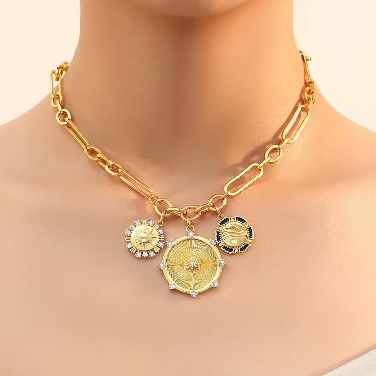 HETICA Chunky Gold-Plated Necklace for Women Heart Pendants Necklace Sun Flower Necklace Fashion Hip Hop Choker Gift - Image 7