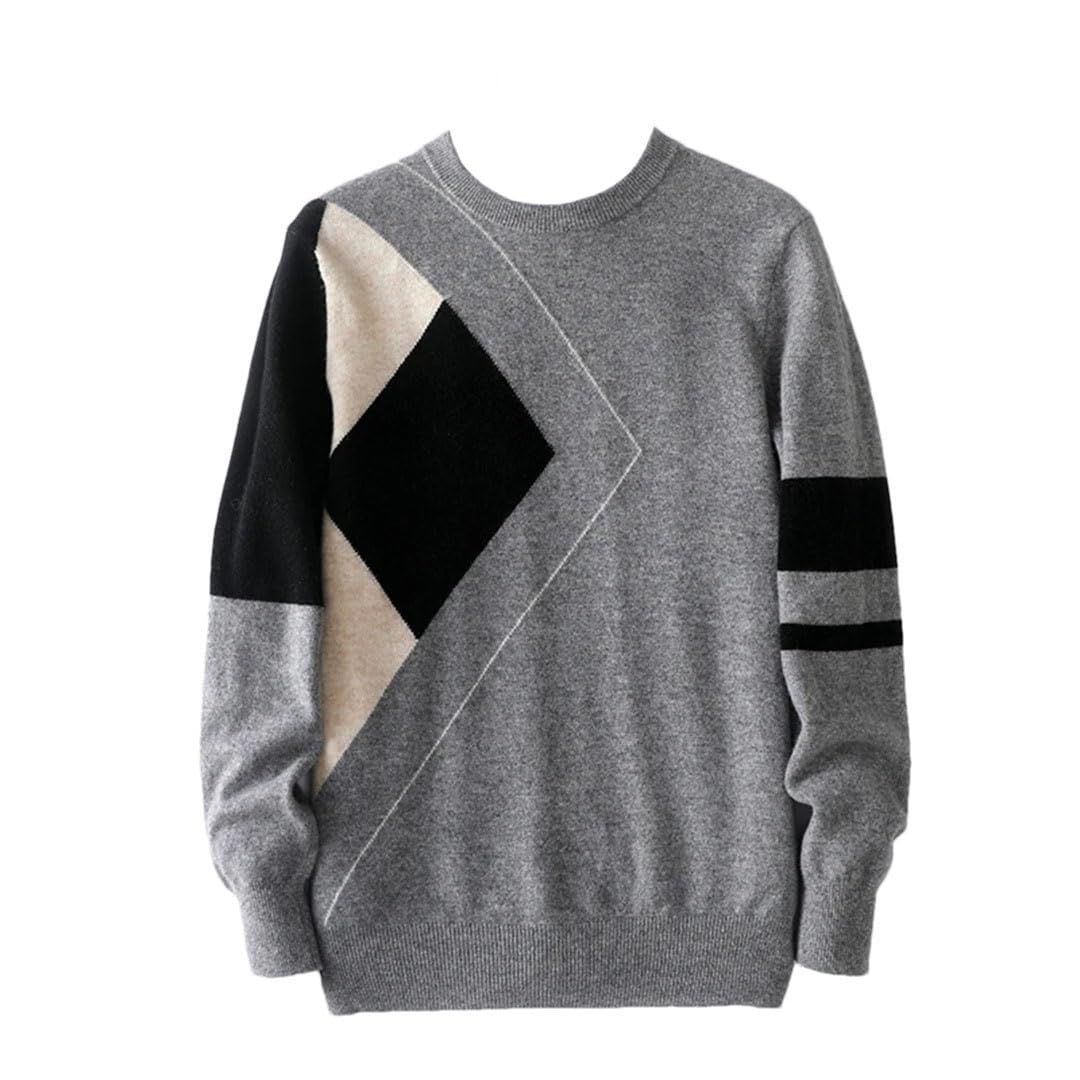 Maglione da uomo con scollo rotondo a rombi di colore abbinato in lana allentata calda e casual camicia di fondo lavorata a maglia