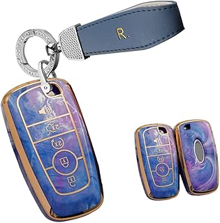 HIBEYO for Ford 5 Button Key Fob Cover TPU Key Case for Ford Escape Expedition Explorer F-150 F-250 F-350 F-450 F-550 Maverick Mustang Lincoln Aviator Accessories with Keychain-Purple