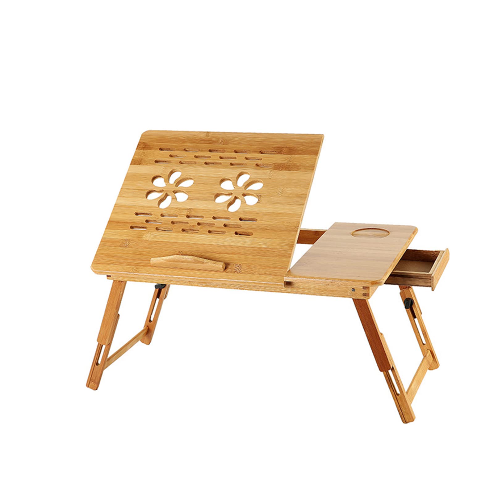 Supfine Table de Lit Pliable, Petite Table en Bambou pour Ordinateur Portable, Plateau Réglable avec 3 Angles d'Inclinaison Réglables, Plateau pour Petit Déjeuner, Petit Tiroir (Fleur, 66x35x30cm)