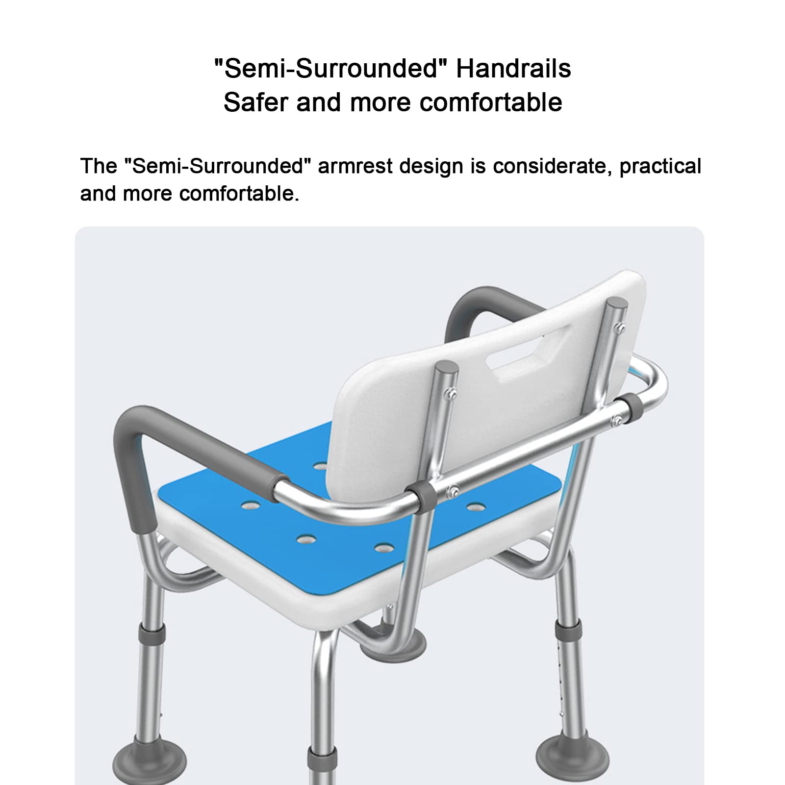 Silla de ducha con asiento para bañera con respaldo y reposabrazos, asiento de baño de aluminio, taburete de ducha multifuncional de 5 niveles de altura ajustable, alfombrillas antideslizantes para
